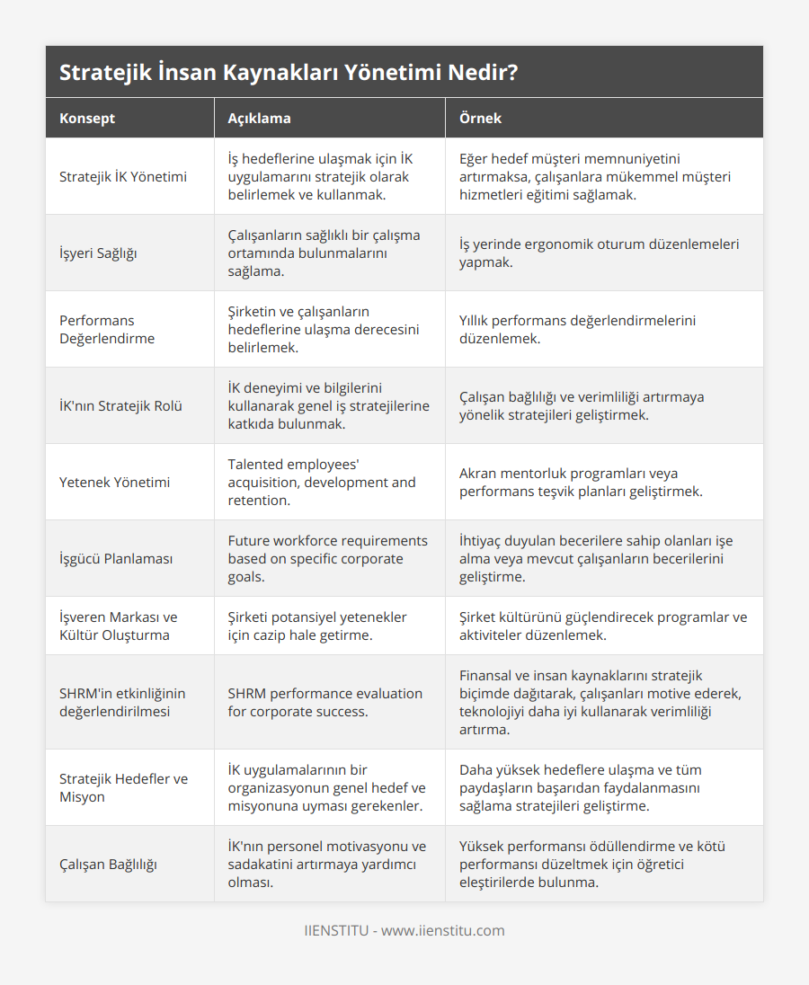 Stratejik İK Yönetimi, İş hedeflerine ulaşmak için İK uygulamarını stratejik olarak belirlemek ve kullanmak, Eğer hedef müşteri memnuniyetini artırmaksa, çalışanlara mükemmel müşteri hizmetleri eğitimi sağlamak, İşyeri Sağlığı, Çalışanların sağlıklı bir çalışma ortamında bulunmalarını sağlama, İş yerinde ergonomik oturum düzenlemeleri yapmak, Performans Değerlendirme, Şirketin ve çalışanların hedeflerine ulaşma derecesini belirlemek, Yıllık performans değerlendirmelerini düzenlemek, İK'nın Stratejik Rolü, İK deneyimi ve bilgilerini kullanarak genel iş stratejilerine katkıda bulunmak, Çalışan bağlılığı ve verimliliği artırmaya yönelik stratejileri geliştirmek, Yetenek Yönetimi, Talented employees' acquisition, development and retention, Akran mentorluk programları veya performans teşvik planları geliştirmek, İşgücü Planlaması, Future workforce requirements based on specific corporate goals, İhtiyaç duyulan becerilere sahip olanları işe alma veya mevcut çalışanların becerilerini geliştirme, İşveren Markası ve Kültür Oluşturma, Şirketi potansiyel yetenekler için cazip hale getirme, Şirket kültürünü güçlendirecek programlar ve aktiviteler düzenlemek, SHRM'in etkinliğinin değerlendirilmesi, SHRM performance evaluation for corporate success, Finansal ve insan kaynaklarını stratejik biçimde dağıtarak, çalışanları motive ederek, teknolojiyi daha iyi kullanarak verimliliği artırma, Stratejik Hedefler ve Misyon, İK uygulamalarının bir organizasyonun genel hedef ve misyonuna uyması gerekenler, Daha yüksek hedeflere ulaşma ve tüm paydaşların başarıdan faydalanmasını sağlama stratejileri geliştirme, Çalışan Bağlılığı, İK'nın personel motivasyonu ve sadakatini artırmaya yardımcı olması, Yüksek performansı ödüllendirme ve kötü performansı düzeltmek için öğretici eleştirilerde bulunma