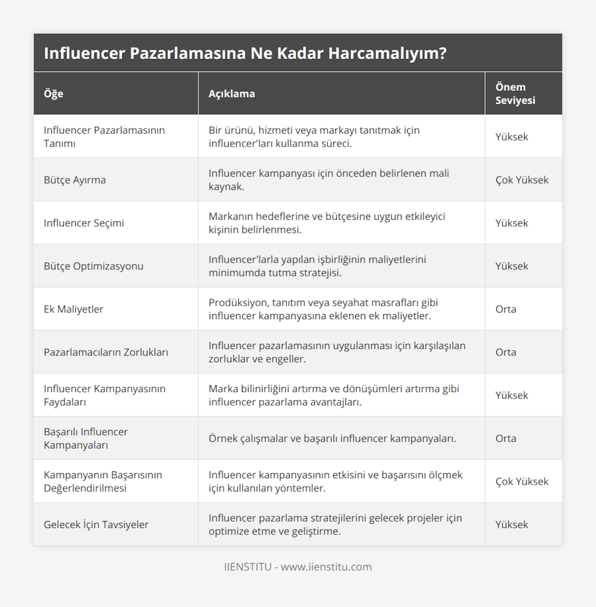Influencer Pazarlamasının Tanımı, Bir ürünü, hizmeti veya markayı tanıtmak için influencer'ları kullanma süreci, Yüksek, Bütçe Ayırma, Influencer kampanyası için önceden belirlenen mali kaynak, Çok Yüksek, Influencer Seçimi, Markanın hedeflerine ve bütçesine uygun etkileyici kişinin belirlenmesi, Yüksek, Bütçe Optimizasyonu, Influencer'larla yapılan işbirliğinin maliyetlerini minimumda tutma stratejisi, Yüksek, Ek Maliyetler, Prodüksiyon, tanıtım veya seyahat masrafları gibi influencer kampanyasına eklenen ek maliyetler, Orta, Pazarlamacıların Zorlukları, Influencer pazarlamasının uygulanması için karşılaşılan zorluklar ve engeller, Orta, Influencer Kampanyasının Faydaları, Marka bilinirliğini artırma ve dönüşümleri artırma gibi influencer pazarlama avantajları, Yüksek, Başarılı Influencer Kampanyaları, Örnek çalışmalar ve başarılı influencer kampanyaları, Orta, Kampanyanın Başarısının Değerlendirilmesi, Influencer kampanyasının etkisini ve başarısını ölçmek için kullanılan yöntemler, Çok Yüksek, Gelecek İçin Tavsiyeler, Influencer pazarlama stratejilerini gelecek projeler için optimize etme ve geliştirme, Yüksek