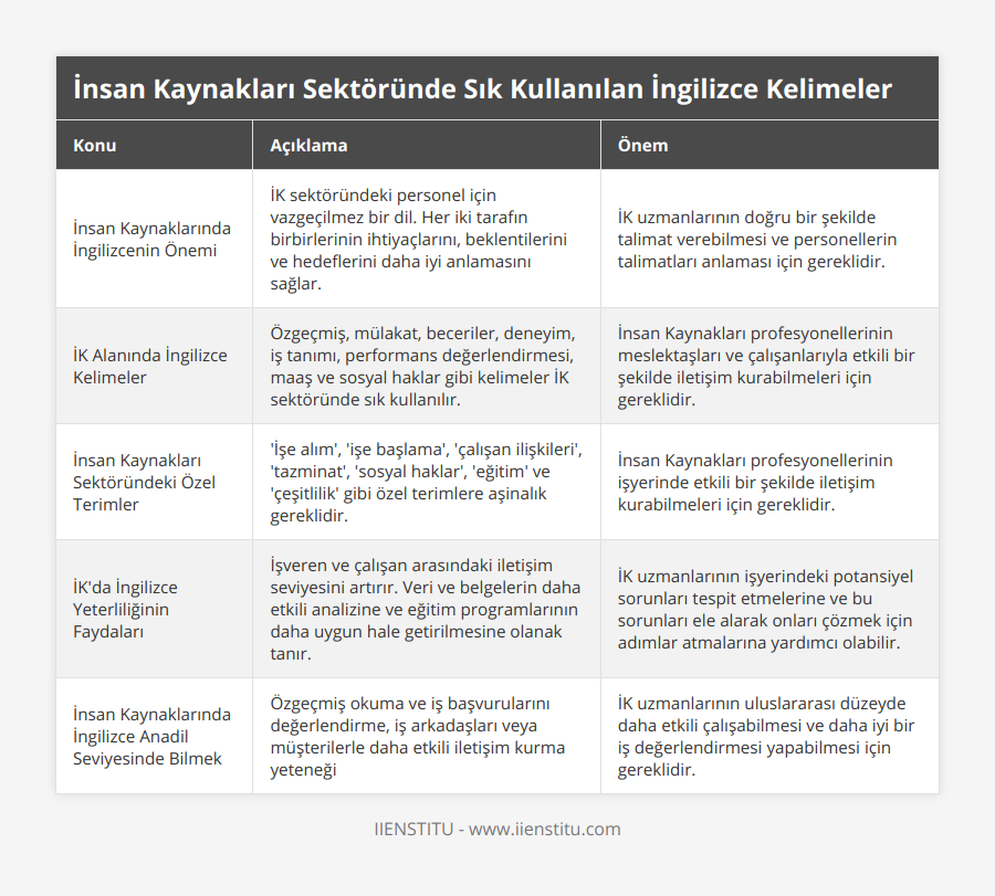 İnsan Kaynaklarında İngilizcenin Önemi, İK sektöründeki personel için vazgeçilmez bir dil Her iki tarafın birbirlerinin ihtiyaçlarını, beklentilerini ve hedeflerini daha iyi anlamasını sağlar, İK uzmanlarının doğru bir şekilde talimat verebilmesi ve personellerin talimatları anlaması için gereklidir, İK Alanında İngilizce Kelimeler, Özgeçmiş, mülakat, beceriler, deneyim, iş tanımı, performans değerlendirmesi, maaş ve sosyal haklar gibi kelimeler İK sektöründe sık kullanılır, İnsan Kaynakları profesyonellerinin meslektaşları ve çalışanlarıyla etkili bir şekilde iletişim kurabilmeleri için gereklidir, İnsan Kaynakları Sektöründeki Özel Terimler, 'İşe alım', 'işe başlama', 'çalışan ilişkileri', 'tazminat', 'sosyal haklar', 'eğitim' ve 'çeşitlilik' gibi özel terimlere aşinalık gereklidir, İnsan Kaynakları profesyonellerinin işyerinde etkili bir şekilde iletişim kurabilmeleri için gereklidir, İK'da İngilizce Yeterliliğinin Faydaları, İşveren ve çalışan arasındaki iletişim seviyesini artırır Veri ve belgelerin daha etkili analizine ve eğitim programlarının daha uygun hale getirilmesine olanak tanır, İK uzmanlarının işyerindeki potansiyel sorunları tespit etmelerine ve bu sorunları ele alarak onları çözmek için adımlar atmalarına yardımcı olabilir, İnsan Kaynaklarında İngilizce Anadil Seviyesinde Bilmek, Özgeçmiş okuma ve iş başvurularını değerlendirme, iş arkadaşları veya müşterilerle daha etkili iletişim kurma yeteneği, İK uzmanlarının uluslararası düzeyde daha etkili çalışabilmesi ve daha iyi bir iş değerlendirmesi yapabilmesi için gereklidir