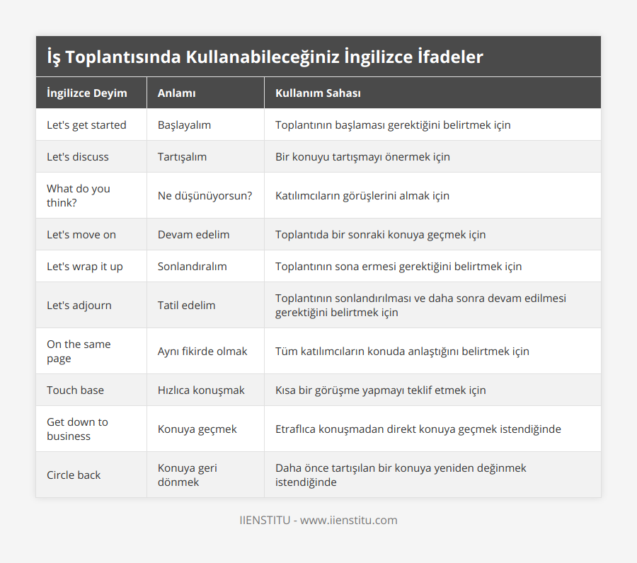 Let's get started, Başlayalım, Toplantının başlaması gerektiğini belirtmek için, Let's discuss, Tartışalım, Bir konuyu tartışmayı önermek için, What do you think?, Ne düşünüyorsun?, Katılımcıların görüşlerini almak için, Let's move on, Devam edelim, Toplantıda bir sonraki konuya geçmek için, Let's wrap it up, Sonlandıralım, Toplantının sona ermesi gerektiğini belirtmek için, Let's adjourn, Tatil edelim, Toplantının sonlandırılması ve daha sonra devam edilmesi gerektiğini belirtmek için, On the same page, Aynı fikirde olmak, Tüm katılımcıların konuda anlaştığını belirtmek için, Touch base, Hızlıca konuşmak, Kısa bir görüşme yapmayı teklif etmek için, Get down to business, Konuya geçmek, Etraflıca konuşmadan direkt konuya geçmek istendiğinde, Circle back, Konuya geri dönmek, Daha önce tartışılan bir konuya yeniden değinmek istendiğinde