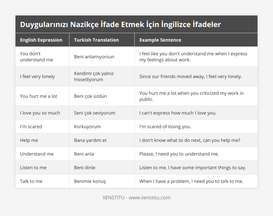 You don't understand me, Beni anlamıyorsun, I feel like you don't understand me when I express my feelings about work, I feel very lonely, Kendimi çok yalnız hissediyorum, Since our friends moved away, I feel very lonely, You hurt me a lot, Beni çok üzdün, You hurt me a lot when you criticized my work in public, I love you so much, Seni çok seviyorum, I can't express how much I love you, I'm scared, Korkuyorum, I'm scared of losing you, Help me, Bana yardım et, I don't know what to do next, can you help me?, Understand me, Beni anla, Please, I need you to understand me, Listen to me, Beni dinle, Listen to me, I have some important things to say, Talk to me, Benimle konuş, When I have a problem, I need you to talk to me