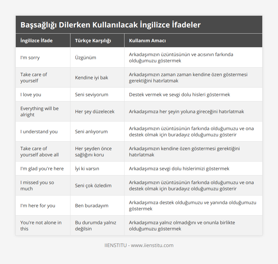 I'm sorry, Üzgünüm, Arkadaşımızın üzüntüsünün ve acısının farkında olduğumuzu göstermek, Take care of yourself, Kendine iyi bak, Arkadaşımızın zaman zaman kendine özen göstermesi gerektiğini hatırlatmak, I love you, Seni seviyorum, Destek vermek ve sevgi dolu hisleri göstermek, Everything will be alright, Her şey düzelecek, Arkadaşımıza her şeyin yoluna gireceğini hatırlatmak, I understand you, Seni anlıyorum, Arkadaşımızın üzüntüsünün farkında olduğumuzu ve ona destek olmak için buradayız olduğumuzu gösterir, Take care of yourself above all, Her şeyden önce sağlığını koru, Arkadaşımızın kendine özen göstermesi gerektiğini hatırlatmak, I'm glad you're here, İyi ki varsın, Arkadaşımıza sevgi dolu hislerimizi göstermek, I missed you so much, Seni çok özledim, Arkadaşımızın üzüntüsünün farkında olduğumuzu ve ona destek olmak için buradayız olduğumuzu gösterir, I'm here for you, Ben buradayım, Arkadaşımıza destek olduğumuzu ve yanında olduğumuzu göstermek, You're not alone in this, Bu durumda yalnız değilsin, Arkadaşımıza yalnız olmadığını ve onunla birlikte olduğumuzu göstermek