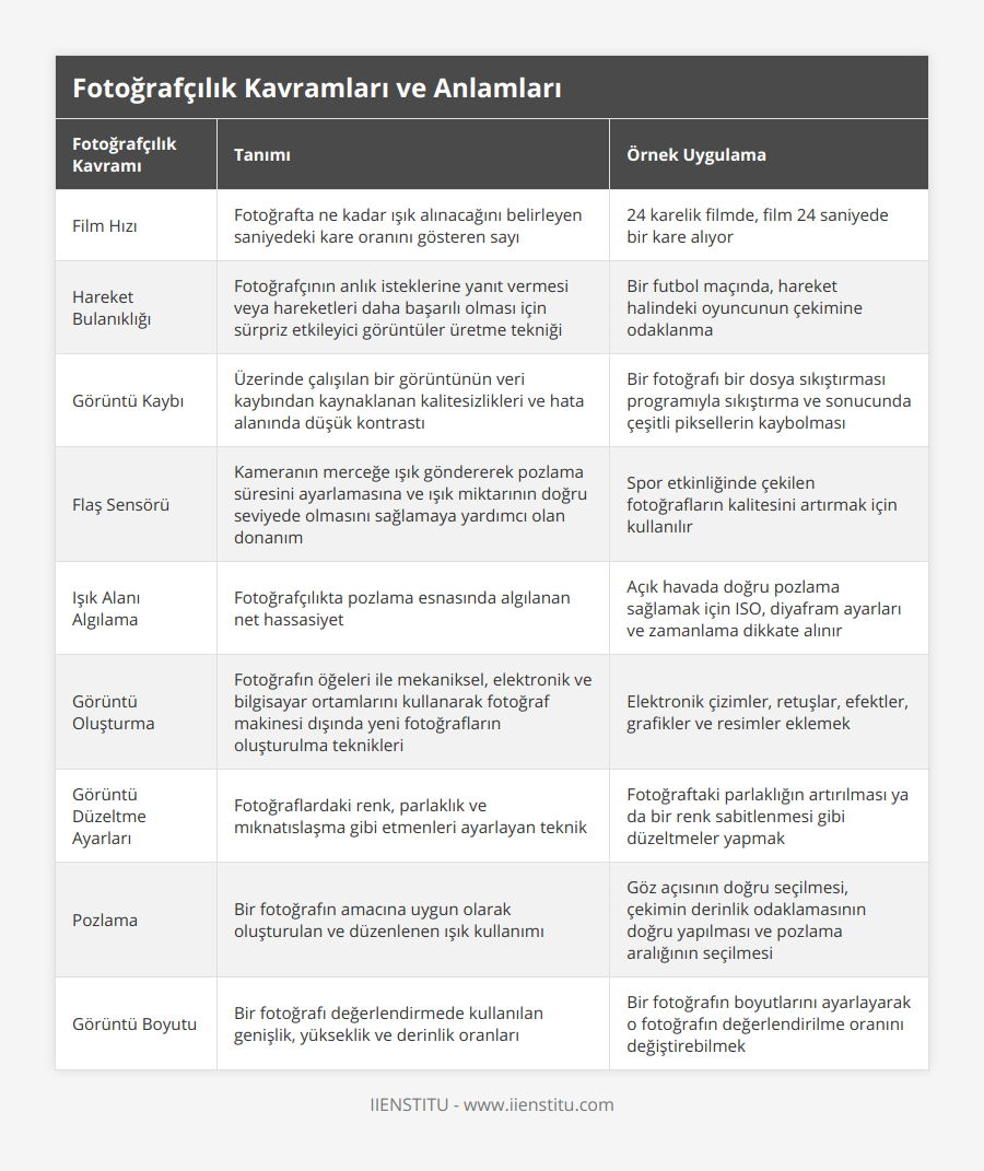 Film Hızı, Fotoğrafta ne kadar ışık alınacağını belirleyen saniyedeki kare oranını gösteren sayı, 24 karelik filmde, film 24 saniyede bir kare alıyor, Hareket Bulanıklığı, Fotoğrafçının anlık isteklerine yanıt vermesi veya hareketleri daha başarılı olması için sürpriz etkileyici görüntüler üretme tekniği, Bir futbol maçında, hareket halindeki oyuncunun çekimine odaklanma, Görüntü Kaybı, Üzerinde çalışılan bir görüntünün veri kaybından kaynaklanan kalitesizlikleri ve hata alanında düşük kontrastı, Bir fotoğrafı bir dosya sıkıştırması programıyla sıkıştırma ve sonucunda çeşitli piksellerin kaybolması, Flaş Sensörü, Kameranın merceğe ışık göndererek pozlama süresini ayarlamasına ve ışık miktarının doğru seviyede olmasını sağlamaya yardımcı olan donanım, Spor etkinliğinde çekilen fotoğrafların kalitesini artırmak için kullanılır, Işık Alanı Algılama, Fotoğrafçılıkta pozlama esnasında algılanan net hassasiyet, Açık havada doğru pozlama sağlamak için ISO, diyafram ayarları ve zamanlama dikkate alınır, Görüntü Oluşturma, Fotoğrafın öğeleri ile mekaniksel, elektronik ve bilgisayar ortamlarını kullanarak fotoğraf makinesi dışında yeni fotoğrafların oluşturulma teknikleri, Elektronik çizimler, retuşlar, efektler, grafikler ve resimler eklemek, Görüntü Düzeltme Ayarları, Fotoğraflardaki renk, parlaklık ve mıknatıslaşma gibi etmenleri ayarlayan teknik, Fotoğraftaki parlaklığın artırılması ya da bir renk sabitlenmesi gibi düzeltmeler yapmak, Pozlama, Bir fotoğrafın amacına uygun olarak oluşturulan ve düzenlenen ışık kullanımı, Göz açısının doğru seçilmesi, çekimin derinlik odaklamasının doğru yapılması ve pozlama aralığının seçilmesi, Görüntü Boyutu, Bir fotoğrafı değerlendirmede kullanılan genişlik, yükseklik ve derinlik oranları, Bir fotoğrafın boyutlarını ayarlayarak o fotoğrafın değerlendirilme oranını değiştirebilmek