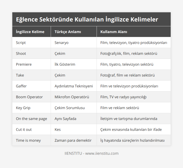 Script, Senaryo, Film, televizyon, tiyatro prodüksiyonları, Shoot, Çekim, Fotoğrafçılık, film, reklam sektörü, Premiere, İlk Gösterim, Film, tiyatro, televizyon sektörü, Take, Çekim, Fotoğraf, film ve reklam sektörü, Gaffer, Aydınlatma Teknisyeni, Film ve televizyon prodüksiyonları, Boom Operator, Mikrofon Operatörü, Film, TV ve radyo yayıncılığı, Key Grip, Çekim Sorumlusu, Film ve reklam sektörü, On the same page, Aynı Sayfada, İletişim ve tartışma durumlarında, Cut it out, Kes, Çekim esnasında kullanılan bir ifade, Time is money, Zaman para demektir, İş hayatında süreçlerin hızlandırılması