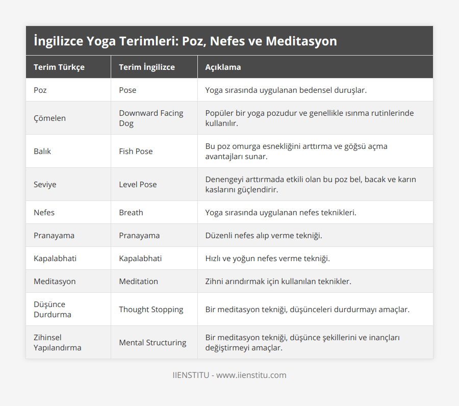 Poz, Pose, Yoga sırasında uygulanan bedensel duruşlar, Çömelen, Downward Facing Dog, Popüler bir yoga pozudur ve genellikle ısınma rutinlerinde kullanılır, Balık, Fish Pose, Bu poz omurga esnekliğini arttırma ve göğsü açma avantajları sunar, Seviye, Level Pose, Denengeyi arttırmada etkili olan bu poz bel, bacak ve karın kaslarını güçlendirir, Nefes, Breath, Yoga sırasında uygulanan nefes teknikleri, Pranayama, Pranayama, Düzenli nefes alıp verme tekniği, Kapalabhati, Kapalabhati, Hızlı ve yoğun nefes verme tekniği, Meditasyon, Meditation, Zihni arındırmak için kullanılan teknikler, Düşünce Durdurma, Thought Stopping, Bir meditasyon tekniği, düşünceleri durdurmayı amaçlar, Zihinsel Yapılandırma, Mental Structuring, Bir meditasyon tekniği, düşünce şekillerini ve inançları değiştirmeyi amaçlar