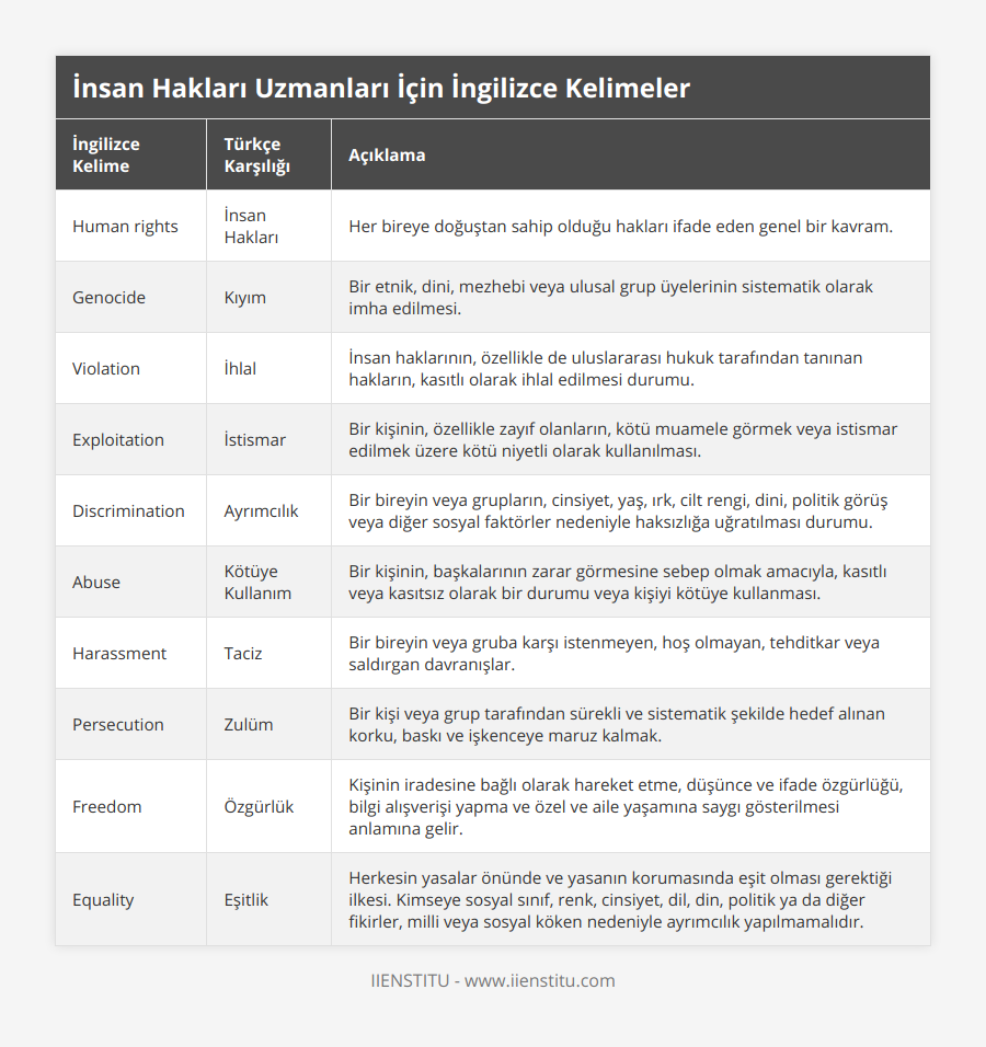 Human rights, İnsan Hakları, Her bireye doğuştan sahip olduğu hakları ifade eden genel bir kavram, Genocide, Kıyım, Bir etnik, dini, mezhebi veya ulusal grup üyelerinin sistematik olarak imha edilmesi, Violation, İhlal, İnsan haklarının, özellikle de uluslararası hukuk tarafından tanınan hakların, kasıtlı olarak ihlal edilmesi durumu, Exploitation, İstismar, Bir kişinin, özellikle zayıf olanların, kötü muamele görmek veya istismar edilmek üzere kötü niyetli olarak kullanılması, Discrimination, Ayrımcılık, Bir bireyin veya grupların, cinsiyet, yaş, ırk, cilt rengi, dini, politik görüş veya diğer sosyal faktörler nedeniyle haksızlığa uğratılması durumu, Abuse, Kötüye Kullanım, Bir kişinin, başkalarının zarar görmesine sebep olmak amacıyla, kasıtlı veya kasıtsız olarak bir durumu veya kişiyi kötüye kullanması, Harassment, Taciz, Bir bireyin veya gruba karşı istenmeyen, hoş olmayan, tehditkar veya saldırgan davranışlar, Persecution, Zulüm, Bir kişi veya grup tarafından sürekli ve sistematik şekilde hedef alınan korku, baskı ve işkenceye maruz kalmak, Freedom, Özgürlük, Kişinin iradesine bağlı olarak hareket etme, düşünce ve ifade özgürlüğü, bilgi alışverişi yapma ve özel ve aile yaşamına saygı gösterilmesi anlamına gelir, Equality, Eşitlik, Herkesin yasalar önünde ve yasanın korumasında eşit olması gerektiği ilkesi Kimseye sosyal sınıf, renk, cinsiyet, dil, din, politik ya da diğer fikirler, milli veya sosyal köken nedeniyle ayrımcılık yapılmamalıdır