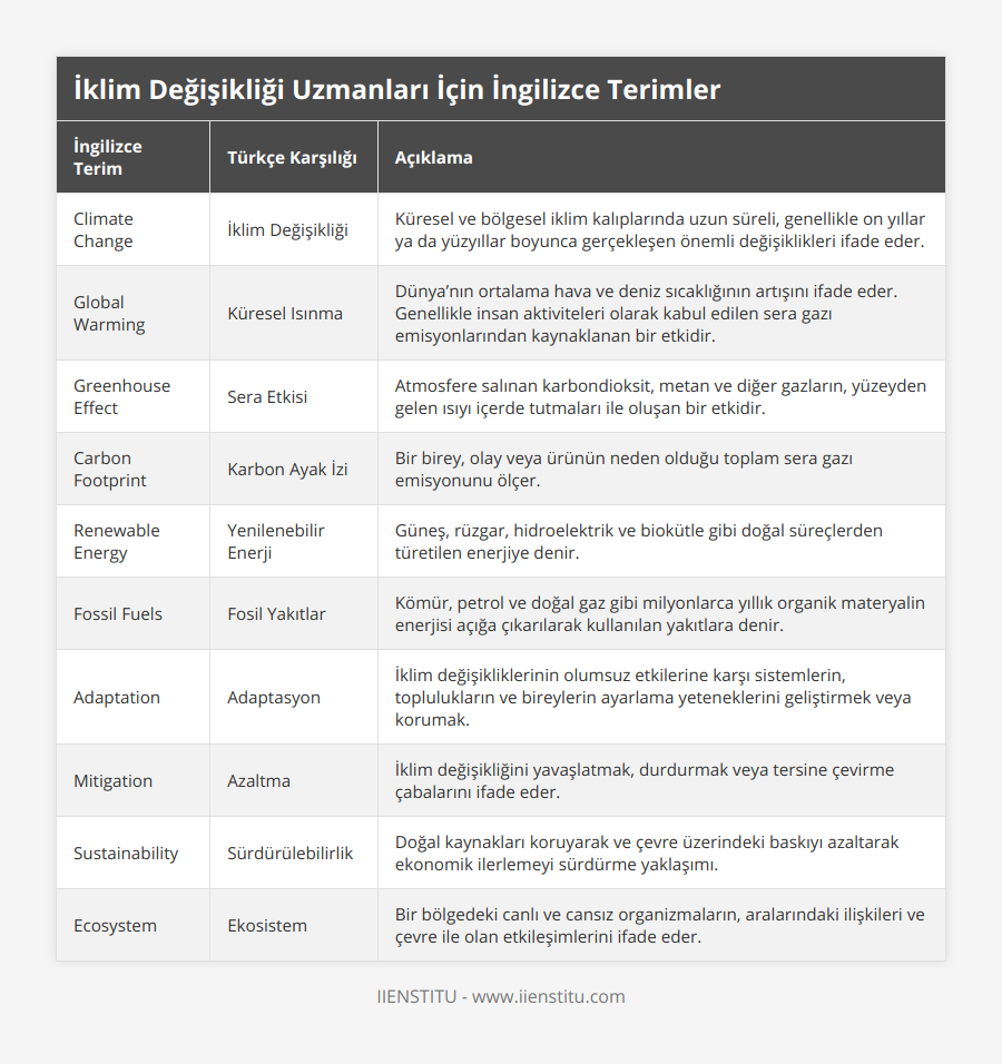 Climate Change, İklim Değişikliği, Küresel ve bölgesel iklim kalıplarında uzun süreli, genellikle on yıllar ya da yüzyıllar boyunca gerçekleşen önemli değişiklikleri ifade eder, Global Warming, Küresel Isınma, Dünya’nın ortalama hava ve deniz sıcaklığının artışını ifade eder Genellikle insan aktiviteleri olarak kabul edilen sera gazı emisyonlarından kaynaklanan bir etkidir, Greenhouse Effect, Sera Etkisi, Atmosfere salınan karbondioksit, metan ve diğer gazların, yüzeyden gelen ısıyı içerde tutmaları ile oluşan bir etkidir, Carbon Footprint, Karbon Ayak İzi, Bir birey, olay veya ürünün neden olduğu toplam sera gazı emisyonunu ölçer, Renewable Energy, Yenilenebilir Enerji, Güneş, rüzgar, hidroelektrik ve biokütle gibi doğal süreçlerden türetilen enerjiye denir, Fossil Fuels, Fosil Yakıtlar, Kömür, petrol ve doğal gaz gibi milyonlarca yıllık organik materyalin enerjisi açığa çıkarılarak kullanılan yakıtlara denir, Adaptation, Adaptasyon, İklim değişikliklerinin olumsuz etkilerine karşı sistemlerin, toplulukların ve bireylerin ayarlama yeteneklerini geliştirmek veya korumak, Mitigation, Azaltma, İklim değişikliğini yavaşlatmak, durdurmak veya tersine çevirme çabalarını ifade eder, Sustainability, Sürdürülebilirlik, Doğal kaynakları koruyarak ve çevre üzerindeki baskıyı azaltarak ekonomik ilerlemeyi sürdürme yaklaşımı, Ecosystem, Ekosistem, Bir bölgedeki canlı ve cansız organizmaların, aralarındaki ilişkileri ve çevre ile olan etkileşimlerini ifade eder