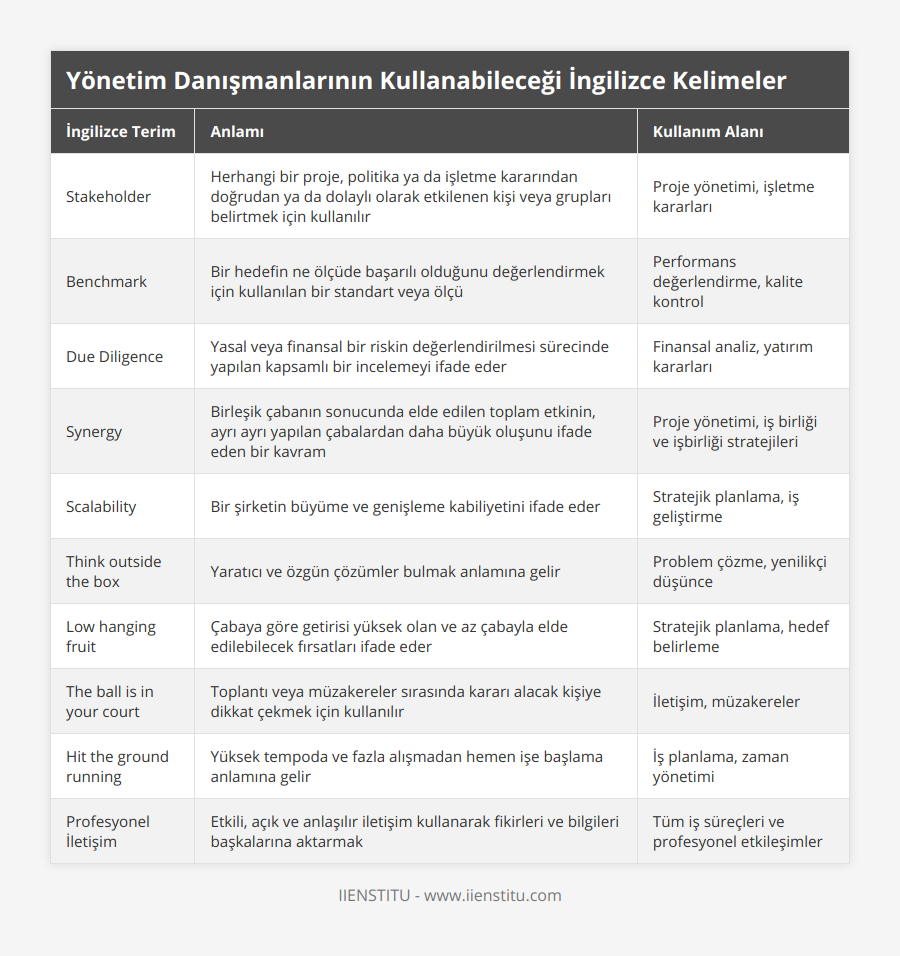 Stakeholder, Herhangi bir proje, politika ya da işletme kararından doğrudan ya da dolaylı olarak etkilenen kişi veya grupları belirtmek için kullanılır, Proje yönetimi, işletme kararları, Benchmark, Bir hedefin ne ölçüde başarılı olduğunu değerlendirmek için kullanılan bir standart veya ölçü, Performans değerlendirme, kalite kontrol, Due Diligence, Yasal veya finansal bir riskin değerlendirilmesi sürecinde yapılan kapsamlı bir incelemeyi ifade eder, Finansal analiz, yatırım kararları, Synergy, Birleşik çabanın sonucunda elde edilen toplam etkinin, ayrı ayrı yapılan çabalardan daha büyük oluşunu ifade eden bir kavram, Proje yönetimi, iş birliği ve işbirliği stratejileri, Scalability, Bir şirketin büyüme ve genişleme kabiliyetini ifade eder, Stratejik planlama, iş geliştirme, Think outside the box, Yaratıcı ve özgün çözümler bulmak anlamına gelir, Problem çözme, yenilikçi düşünce, Low hanging fruit, Çabaya göre getirisi yüksek olan ve az çabayla elde edilebilecek fırsatları ifade eder, Stratejik planlama, hedef belirleme, The ball is in your court, Toplantı veya müzakereler sırasında kararı alacak kişiye dikkat çekmek için kullanılır, İletişim, müzakereler, Hit the ground running, Yüksek tempoda ve fazla alışmadan hemen işe başlama anlamına gelir, İş planlama, zaman yönetimi, Profesyonel İletişim, Etkili, açık ve anlaşılır iletişim kullanarak fikirleri ve bilgileri başkalarına aktarmak, Tüm iş süreçleri ve profesyonel etkileşimler