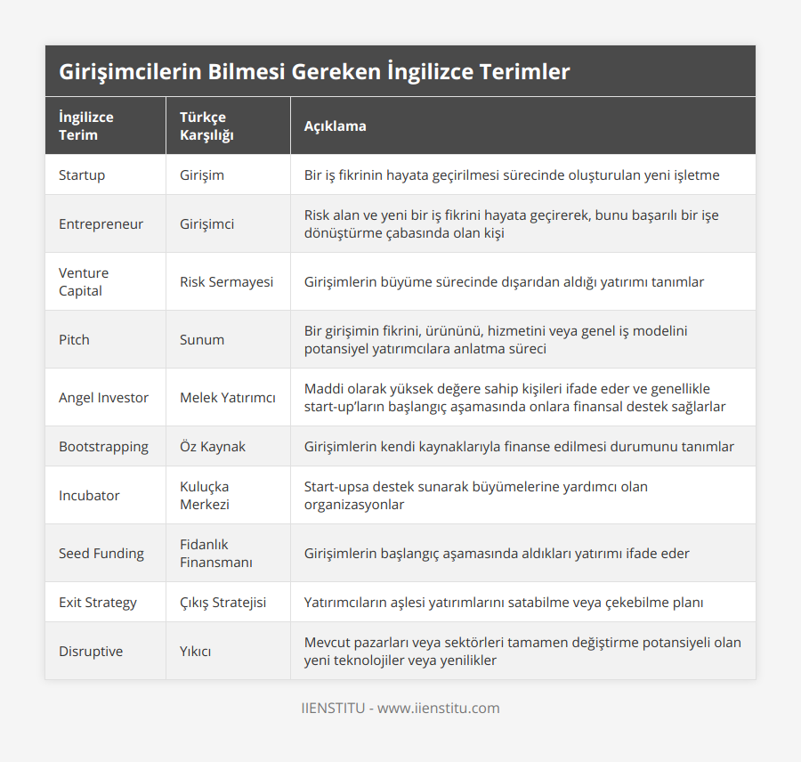 Startup, Girişim, Bir iş fikrinin hayata geçirilmesi sürecinde oluşturulan yeni işletme, Entrepreneur, Girişimci, Risk alan ve yeni bir iş fikrini hayata geçirerek, bunu başarılı bir işe dönüştürme çabasında olan kişi, Venture Capital, Risk Sermayesi, Girişimlerin büyüme sürecinde dışarıdan aldığı yatırımı tanımlar, Pitch, Sunum, Bir girişimin fikrini, ürününü, hizmetini veya genel iş modelini potansiyel yatırımcılara anlatma süreci, Angel Investor, Melek Yatırımcı, Maddi olarak yüksek değere sahip kişileri ifade eder ve genellikle start-up’ların başlangıç aşamasında onlara finansal destek sağlarlar, Bootstrapping, Öz Kaynak, Girişimlerin kendi kaynaklarıyla finanse edilmesi durumunu tanımlar, Incubator, Kuluçka Merkezi, Start-upsa destek sunarak büyümelerine yardımcı olan organizasyonlar, Seed Funding, Fidanlık Finansmanı, Girişimlerin başlangıç aşamasında aldıkları yatırımı ifade eder, Exit Strategy, Çıkış Stratejisi, Yatırımcıların aşlesi yatırımlarını satabilme veya çekebilme planı, Disruptive, Yıkıcı, Mevcut pazarları veya sektörleri tamamen değiştirme potansiyeli olan yeni teknolojiler veya yenilikler