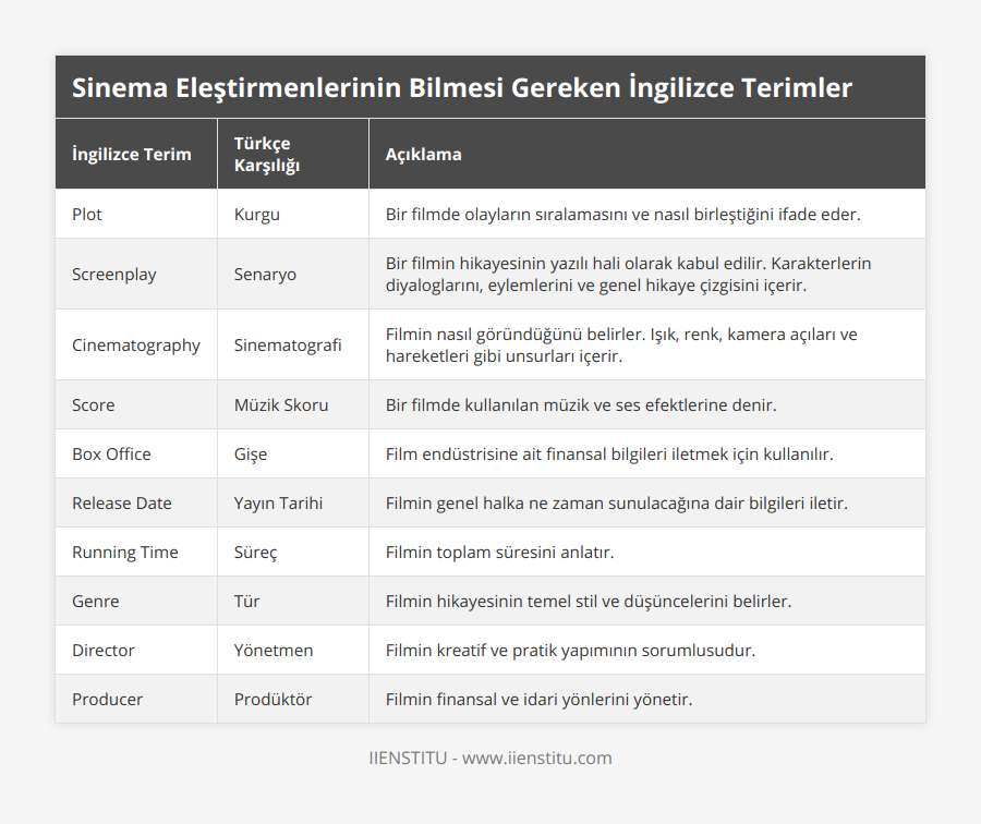 Plot, Kurgu, Bir filmde olayların sıralamasını ve nasıl birleştiğini ifade eder, Screenplay, Senaryo, Bir filmin hikayesinin yazılı hali olarak kabul edilir Karakterlerin diyaloglarını, eylemlerini ve genel hikaye çizgisini içerir, Cinematography, Sinematografi, Filmin nasıl göründüğünü belirler Işık, renk, kamera açıları ve hareketleri gibi unsurları içerir, Score, Müzik Skoru, Bir filmde kullanılan müzik ve ses efektlerine denir, Box Office, Gişe, Film endüstrisine ait finansal bilgileri iletmek için kullanılır, Release Date, Yayın Tarihi, Filmin genel halka ne zaman sunulacağına dair bilgileri iletir, Running Time, Süreç, Filmin toplam süresini anlatır, Genre, Tür, Filmin hikayesinin temel stil ve düşüncelerini belirler, Director, Yönetmen, Filmin kreatif ve pratik yapımının sorumlusudur, Producer, Prodüktör, Filmin finansal ve idari yönlerini yönetir
