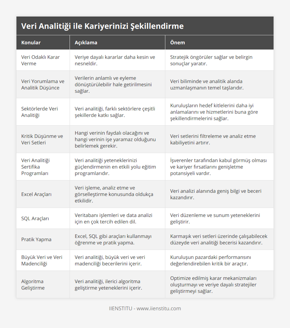 Veri Odaklı Karar Verme, Veriye dayalı kararlar daha kesin ve nesneldir, Stratejik öngörüler sağlar ve belirgin sonuçlar yaratır, Veri Yorumlama ve Analitik Düşünce, Verilerin anlamlı ve eyleme dönüştürülebilir hale getirilmesini sağlar, Veri biliminde ve analitik alanda uzmanlaşmanın temel taşlarıdır, Sektörlerde Veri Analitiği, Veri analitiği, farklı sektörlere çeşitli şekillerde katkı sağlar , Kuruluşların hedef kitlelerini daha iyi anlamalarını ve hizmetlerini buna göre şekillendirmelerini sağlar, Kritik Düşünme ve Veri Setleri, Hangi verinin faydalı olacağını ve hangi verinin işe yaramaz olduğunu belirlemek gerekir, Veri setlerini filtreleme ve analiz etme kabiliyetini artırır, Veri Analitiği Sertifika Programları, Veri analitiği yeteneklerinizi güçlendirmenin en etkili yolu eğitim programlarıdır, İşverenler tarafından kabul görmüş olması ve kariyer fırsatlarını genişletme potansiyeli vardır, Excel Araçları, Veri işleme, analiz etme ve görselleştirme konusunda oldukça etkilidir, Veri analizi alanında geniş bilgi ve beceri kazandırır, SQL Araçları, Veritabanı işlemleri ve data analizi için en çok tercih edilen dil, Veri düzenleme ve sunum yeteneklerini geliştirir, Pratik Yapma, Excel, SQL gibi araçları kullanmayı öğrenme ve pratik yapma, Karmaşık veri setleri üzerinde çalışabilecek düzeyde veri analitiği becerisi kazandırır, Büyük Veri ve Veri Madenciliği, Veri analitiği, büyük veri ve veri madenciliği becerilerini içerir, Kuruluşun pazardaki performansını değerlendirebilen kritik bir araçtır, Algoritma Geliştirme, Veri analitiği, ilerici algoritma geliştirme yeteneklerini içerir, Optimize edilmiş karar mekanizmaları oluşturmayı ve veriye dayalı stratejiler geliştirmeyi sağlar