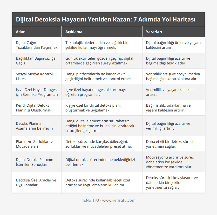 Dijital Çağın Tuzaklarından Kaçınmak, Teknolojik aletleri etkin ve sağlıklı bir şekilde kullanmayı öğrenmek, Dijital bağımlılığı önler ve yaşam kalitesini artırır, Bağlılıktan Bağımsızlığa Geçiş, Günlük aktiviteleri gözden geçirip, dijital ortamlarda geçirilen süreyi azaltmak, Dijital bağımlılığı azaltır ve bağımsızlığı teşvik eder, Sosyal Medya Kontrol Listesi, Hangi platformlarda ne kadar vakit geçirdiğini belirlemek ve kontrol etmek, Verimlilik artışı ve sosyal medya bağımlılığını kontrol altına alır, İş ve Özel Hayat Dengesi için Sertifika Programları, İş ve özel hayat dengesini korumayı öğreten programlar, Verimlilik ve yaşam kalitesini artırır, Kendi Dijital Detoks Planınızı Oluşturmak, Kişiye özel bir dijital detoks planı oluşturmak ve uygulamak, Bağımsızlık, odaklanma ve yaşam kalitesini artırır, Detoks Planının Aşamalarını Belirleyin, Hangi dijital elementlerin sizi rahatsız ettiğini belirleme ve bu etkisini azaltacak stratejiler geliştirme, Dijital bağımlılığı azaltır ve verimliliği artırır, Planınızın Zorlukları ve Mücadeleleri, Detoks sürecinde karşılaşabileceğiniz zorlukları ve mücadeleleri preset atma, Daha etkili bir detoks süreci yönetimini sağlar, Dijital Detoks Planının İstenilen Sonuçları, Dijital detoks sürecinden ne beklediğinizi belirlemek, Motivasyonu artırır ve süreci daha etkin bir şekilde yönetmenize yardımcı olur, Detoksa Özel Araçlar ve Uygulamalar, Detoks sürecinde kullanılabilecek özel araçlar ve uygulamaların kullanımı, Detoks sürecini kolaylaştırır ve daha etkin bir şekilde yönetmenizi sağlar