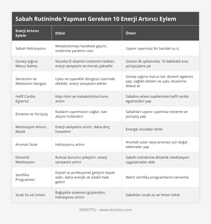 Sabah Hidrasyonu, Metabolizmayı harekete geçirir, sindirime yardımcı olur, Uyanır uyanmaz bir bardak su iç, Güneş Işığına Maruz Kalma, Vücutta D vitamini üretimini tetikler, enerji seviyesini ve moralı yükseltir, Günün ilk ışıklarında, 10 dakikalık kısa yürüyüşlere çık, Serotonin ve Melatonin Dengesi, Uyku ve uyanıklık döngüsü üzerinde etkilidir, enerji seviyesini etkiler, Güneş ışığına maruz kal, düzenli egzersiz yap, sağlıklı beslen ve uyku düzenine dikkat et, Hafif Cardio Egzersiz, Kalp ritmi ve metabolizma hızını artırır, Sabahın erken saatlerinde hafif cardio egzersizleri yap, Esneme ve Yürüyüş, Kasların uyanmasını sağlar, kan akışını hızlandırır, Sabahları uyanır uyanmaz esneme ve yürüyüş yap, Motivasyon Artırıcı Müzik, Enerji seviyesini artırır, daha dinç hissettirir, Energik müzikler dinle, Aromalı Sular, Hidrasyonu artırır, Aromalı sular veya aroması için doğal eklemeler yap, Dinamik Meditasyon, Ruhsal durumu iyileştirir, enerji seviyesini artırır, Sabah rutinlerine dinamik meditasyon uygulamaları ekle, Sertifika Programları, Kişisel ve profesyonel gelişimi teşvik eder, daha enerjik ve odaklı hale getirir, Belirli sertifika programlarını tamamla, Sıcak Su ve Limon, Bağışıklık sistemini güçlendirir, hidrasyonu artırır, Sabahları sıcak su ve limon tüket