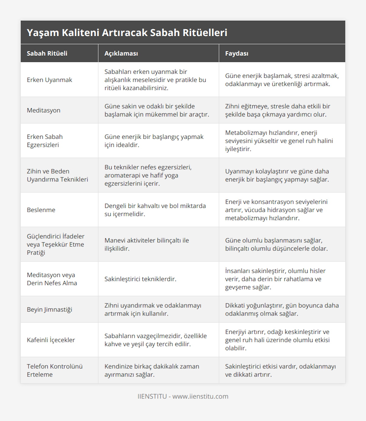 Erken Uyanmak, Sabahları erken uyanmak bir alışkanlık meselesidir ve pratikle bu ritüeli kazanabilirsiniz, Güne enerjik başlamak, stresi azaltmak, odaklanmayı ve üretkenliği artırmak, Meditasyon, Güne sakin ve odaklı bir şekilde başlamak için mükemmel bir araçtır, Zihni eğitmeye, stresle daha etkili bir şekilde başa çıkmaya yardımcı olur, Erken Sabah Egzersizleri, Güne enerjik bir başlangıç yapmak için idealdir, Metabolizmayı hızlandırır, enerji seviyesini yükseltir ve genel ruh halini iyileştirir, Zihin ve Beden Uyandırma Teknikleri, Bu teknikler nefes egzersizleri, aromaterapi ve hafif yoga egzersizlerini içerir, Uyanmayı kolaylaştırır ve güne daha enerjik bir başlangıç yapmayı sağlar, Beslenme, Dengeli bir kahvaltı ve bol miktarda su içermelidir, Enerji ve konsantrasyon seviyelerini artırır, vücuda hidrasyon sağlar ve metabolizmayı hızlandırır, Güçlendirici İfadeler veya Teşekkür Etme Pratiği, Manevi aktiviteler bilinçaltı ile ilişkilidir, Güne olumlu başlanmasını sağlar, bilinçaltı olumlu düşüncelerle dolar, Meditasyon veya Derin Nefes Alma, Sakinleştirici tekniklerdir, İnsanları sakinleştirir, olumlu hisler verir, daha derin bir rahatlama ve gevşeme sağlar, Beyin Jimnastiği, Zihni uyandırmak ve odaklanmayı artırmak için kullanılır, Dikkati yoğunlaştırır, gün boyunca daha odaklanmış olmak sağlar, Kafeinli İçecekler, Sabahların vazgeçilmezidir, özellikle kahve ve yeşil çay tercih edilir, Enerjiyi artırır, odağı keskinleştirir ve genel ruh hali üzerinde olumlu etkisi olabilir, Telefon Kontrolünü Erteleme, Kendinize birkaç dakikalık zaman ayırmanızı sağlar, Sakinleştirici etkisi vardır, odaklanmayı ve dikkati artırır