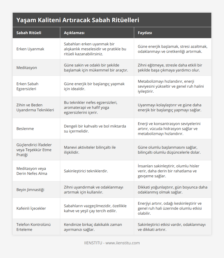 Erken Uyanmak, Sabahları erken uyanmak bir alışkanlık meselesidir ve pratikle bu ritüeli kazanabilirsiniz, Güne enerjik başlamak, stresi azaltmak, odaklanmayı ve üretkenliği artırmak, Meditasyon, Güne sakin ve odaklı bir şekilde başlamak için mükemmel bir araçtır, Zihni eğitmeye, stresle daha etkili bir şekilde başa çıkmaya yardımcı olur, Erken Sabah Egzersizleri, Güne enerjik bir başlangıç yapmak için idealdir, Metabolizmayı hızlandırır, enerji seviyesini yükseltir ve genel ruh halini iyileştirir, Zihin ve Beden Uyandırma Teknikleri, Bu teknikler nefes egzersizleri, aromaterapi ve hafif yoga egzersizlerini içerir, Uyanmayı kolaylaştırır ve güne daha enerjik bir başlangıç yapmayı sağlar, Beslenme, Dengeli bir kahvaltı ve bol miktarda su içermelidir, Enerji ve konsantrasyon seviyelerini artırır, vücuda hidrasyon sağlar ve metabolizmayı hızlandırır, Güçlendirici İfadeler veya Teşekkür Etme Pratiği, Manevi aktiviteler bilinçaltı ile ilişkilidir, Güne olumlu başlanmasını sağlar, bilinçaltı olumlu düşüncelerle dolar, Meditasyon veya Derin Nefes Alma, Sakinleştirici tekniklerdir, İnsanları sakinleştirir, olumlu hisler verir, daha derin bir rahatlama ve gevşeme sağlar, Beyin Jimnastiği, Zihni uyandırmak ve odaklanmayı artırmak için kullanılır, Dikkati yoğunlaştırır, gün boyunca daha odaklanmış olmak sağlar, Kafeinli İçecekler, Sabahların vazgeçilmezidir, özellikle kahve ve yeşil çay tercih edilir, Enerjiyi artırır, odağı keskinleştirir ve genel ruh hali üzerinde olumlu etkisi olabilir, Telefon Kontrolünü Erteleme, Kendinize birkaç dakikalık zaman ayırmanızı sağlar, Sakinleştirici etkisi vardır, odaklanmayı ve dikkati artırır