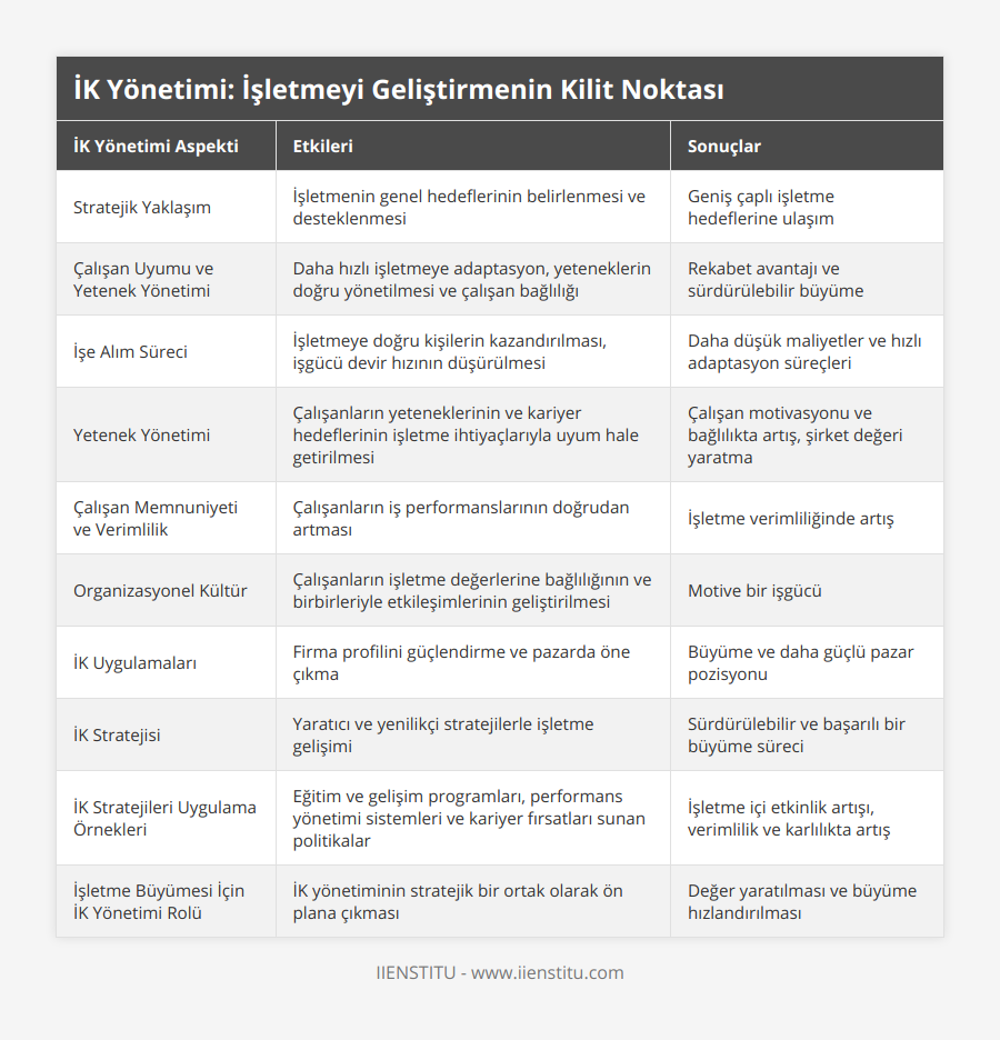 Stratejik Yaklaşım, İşletmenin genel hedeflerinin belirlenmesi ve desteklenmesi, Geniş çaplı işletme hedeflerine ulaşım, Çalışan Uyumu ve Yetenek Yönetimi, Daha hızlı işletmeye adaptasyon, yeteneklerin doğru yönetilmesi ve çalışan bağlılığı, Rekabet avantajı ve sürdürülebilir büyüme, İşe Alım Süreci, İşletmeye doğru kişilerin kazandırılması, işgücü devir hızının düşürülmesi, Daha düşük maliyetler ve hızlı adaptasyon süreçleri, Yetenek Yönetimi, Çalışanların yeteneklerinin ve kariyer hedeflerinin işletme ihtiyaçlarıyla uyum hale getirilmesi, Çalışan motivasyonu ve bağlılıkta artış, şirket değeri yaratma, Çalışan Memnuniyeti ve Verimlilik, Çalışanların iş performanslarının doğrudan artması, İşletme verimliliğinde artış, Organizasyonel Kültür, Çalışanların işletme değerlerine bağlılığının ve birbirleriyle etkileşimlerinin geliştirilmesi, Motive bir işgücü, İK Uygulamaları, Firma profilini güçlendirme ve pazarda öne çıkma, Büyüme ve daha güçlü pazar pozisyonu, İK Stratejisi, Yaratıcı ve yenilikçi stratejilerle işletme gelişimi, Sürdürülebilir ve başarılı bir büyüme süreci, İK Stratejileri Uygulama Örnekleri, Eğitim ve gelişim programları, performans yönetimi sistemleri ve kariyer fırsatları sunan politikalar, İşletme içi etkinlik artışı, verimlilik ve karlılıkta artış, İşletme Büyümesi İçin İK Yönetimi Rolü, İK yönetiminin stratejik bir ortak olarak ön plana çıkması, Değer yaratılması ve büyüme hızlandırılması