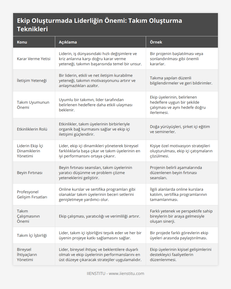 Karar Verme Yetisi, Liderin, iş dünyasındaki hızlı değişimlere ve kriz anlarına karşı doğru karar verme yeteneği, takımın başarısında temel bir unsur, Bir projenin başlatılması veya sonlandırılması gibi önemli kararlar, İletişim Yeteneği, Bir liderin, etkili ve net iletişim kurabilme yeteneği, takımın motivasyonunu artırır ve anlaşmazlıkları azaltır, Takıma yapılan düzenli bilgilendirmeler ve geri bildirimler, Takım Uyumunun Önemi, Uyumlu bir takımın, lider tarafından belirlenen hedeflere daha etkili ulaşması beklenir, Ekip üyelerinin, belirlenen hedeflere uygun bir şekilde çalışması ve aynı hedefe doğru ilerlemesi, Etkinliklerin Rolü, Etkinlikler, takım üyelerinin birbirleriyle organik bağ kurmasını sağlar ve ekip içi iletişimi güçlendirir, Doğa yürüyüşleri, şirket içi eğitim ve seminerler, Liderin Ekip İçi Dinamiklerin Yönetimi, Lider, ekip içi dinamikleri yöneterek bireysel farklılıklarla başa çıkar ve takım üyelerinin en iyi performansını ortaya çıkarır, Kişiye özel motivasyon stratejileri oluşturulması, ekip içi çatışmaların çözülmesi, Beyin Fırtınası, Beyin fırtınası seansları, takım üyelerinin yaratıcı düşünme ve problem çözme yeteneklerini geliştirir, Projenin belirli aşamalarında düzenlenen beyin fırtınası seansları, Profesyonel Gelişim Fırsatları, Online kurslar ve sertifika programları gibi olanaklar takım üyelerinin beceri setlerini genişletmeye yardımcı olur, İlgili alanlarda online kurslara katılım, sertifika programlarının tamamlanması, Takım Çalışmasının Önemi, Ekip çalışması, yaratıcılığı ve verimliliği artırır, Farklı yetenek ve perspektife sahip bireylerin bir araya gelmesiyle oluşan sinerji, Takım İçi İşbirliği, Lider, takım içi işbirliğini teşvik eder ve her bir üyenin projeye katkı sağlamasını sağlar, Bir projede farklı görevlerin ekip üyeleri arasında paylaştırılması, Bireysel İhtiyaçların Yönetimi, Lider, bireysel ihtiyaç ve beklentilere duyarlı olmalı ve ekip üyelerinin performanslarını en üst düzeye çıkaracak stratejiler uygulamalıdır, Ekip üyelerinin kişisel gelişimlerini destekleyici faaliyetlerin düzenlenmesi