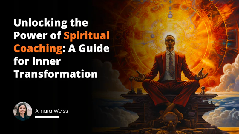 The book cover showcases a serene spiritual coach, bathed in warm, inviting red and yellow tones. The title of the book, 'Unlocking the Power of Spiritual Coaching: A Guide for Inner Transformation,' is prominently displayed beneath the coach, inviting readers to explore the world of spiritual coaching and personal growth.