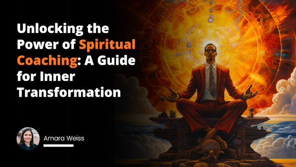 The book cover showcases a serene spiritual coach, bathed in warm, inviting red and yellow tones. The title of the book, 'Unlocking the Power of Spiritual Coaching: A Guide for Inner Transformation,' is prominently displayed beneath the coach, inviting readers to explore the world of spiritual coaching and personal growth.