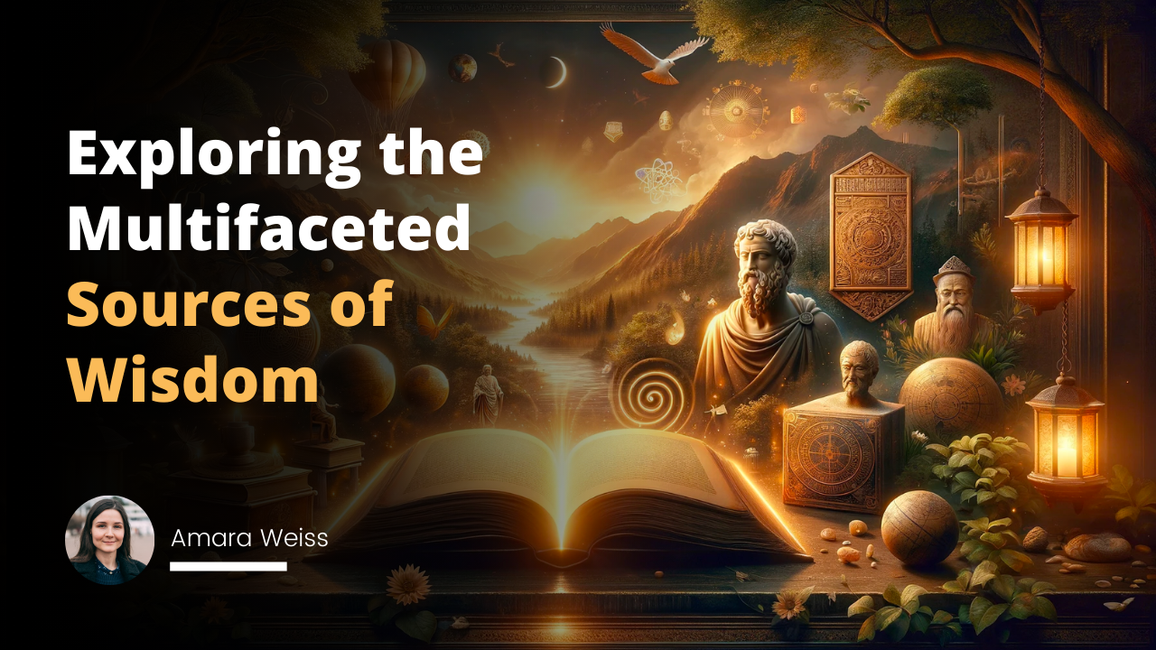 Image of an open book radiating light with philosophical and cultural symbols representing various sources of wisdom, set against a backdrop of a natural landscape, symbolizing the journey of enlightenment and understanding.