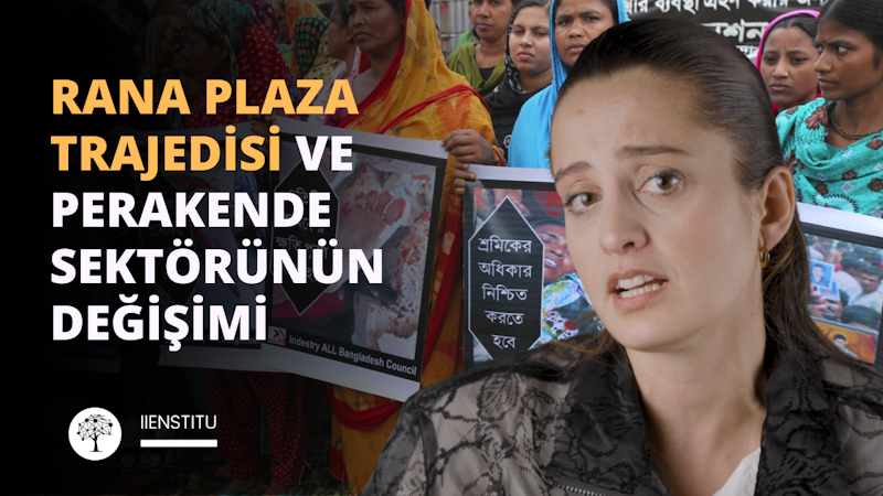 Bu görselde, Rana Plaza trajedisini ve perakende sektöründeki değişimi konu alan bir belgesel veya haberi temsil eden bir tasarım var. Görselin üst kısmında "RANA PLAZA TRAJEDİSİ VE PERAKENDE SEKTÖRÜNÜN DEĞİŞİMİ" başlığı bulunuyor ve altında IIENSTITU logosu yer alıyor. Görselin sol tarafında Bangladeş'teki trajedinin kurbanlarını anma amacıyla toplanmış bir grup insan, ellerinde Rana Plaza'da yaşamını yitirenlerin fotoğrafları ve Bangladeşçe yazılmış afişler tutuyor. Sağ tarafta ise endişeli bir ifadeye sahip bir kadın yer almakta; bu, trajedinin yarattığı duygusal etkiyi ve konunun ciddiyetini vurgulamak için kullanılmış olabilir. Tasarım, Rana Plaza olayının getirdiği sosyal ve ekonomik sonuçların perakende sektörü üzerinde nasıl bir değişim yarattığını göstermeyi amaçlıyor olabilir.
