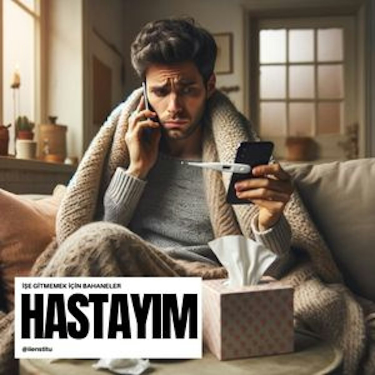 Sahne bu kişiyi bir kanepede oturmuş, battaniyeye sarınmış ve elinde bir termometre tutarken yakalıyor ve gerçekten hasta olduğunu düşündüren bir kurguya sahip.