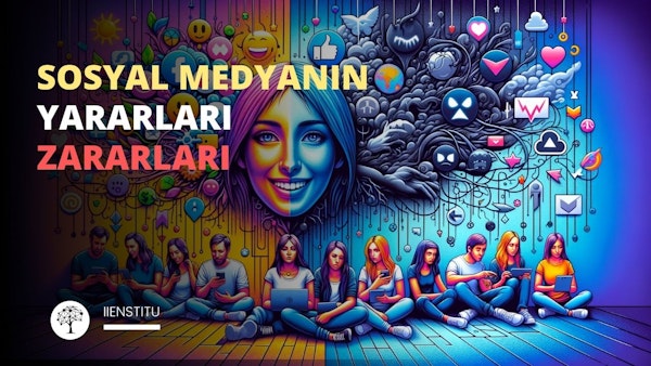Bu görselde, sosyal medyanın yararları ve zararlarını temsil eden bir illüstrasyon bulunmaktadır. Görselin üst kısmında renkli ve canlı bir arka plan üzerinde sosyal medya simgeleri, güneş, bulut, kalp ve diğer pozitif imgeler bulunurken, alt kısmında daha karanlık ve kasvetli bulutlar, kafa karıştırıcı simgeler ve negatif imgeler yer alıyor. Merkezde, yarı yüzü pozitif ve renkli diğer yarısı ise negatif ve koyu renklerle tasvir edilmiş bir kadın yüzü göze çarpıyor. Alt kısımda, mavi tonlarında giyinmiş, cep telefonları ve tabletlerle meşgul olan, dalgın ifadelere sahip bir grup insan oturuyor. Görselin orta kısmında büyük harflerle "SOSYAL MEDYANIN YARARLARI ZARARLARI" yazısı bulunmakta ve en altta "İIENSTİTU" logosu görülmekte. Tasarım, sosyal medyanın çift yönlü etkisini, hem olumlu hem de olumsuz yönlerini görselleştiriyor.