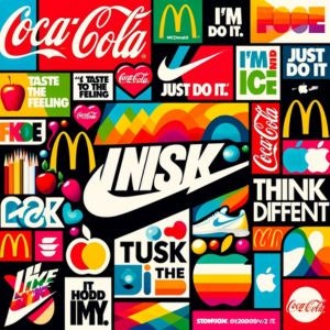 Görselde, bir dizi ünlü markanın tanıtım sloganları ve logoları bir kolaj halinde yer alıyor. Renkler canlı ve dikkat çekici. Aralarında kırmızı ve beyaz renklerin hakim olduğu Coca-Cola'nın ikonik yazı tipiyle "Taste the Feeling" sloganı ve Nike'ın ünlü "Just Do It" sloganı bulunuyor. Ayrıca, Apple'ın "Think Different" sloganı ve McDonald's'ın "I'm Lovin' It" sloganı da görülüyor. Her markanın kendine özgü font stili ve renk paleti var ve bu, her birini tanınabilir kılıyor. Görseldeki logolar ve sloganlar, şirketlerin marka kimliklerini nasıl güçlü ve etkili bir şekilde ilettiklerini gösteriyor. Her bir marka, kendi alanında tüketicilerin zihninde kalıcı bir iz bırakmayı amaçlayan kısa, akılda kalıcı ifadeler kullanmış.
