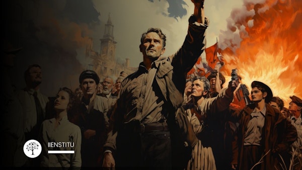 Görselde, çeşitli kişilerin devrimci bir tutum içinde, bir liderin önderliğinde yürüdüğü bir sahne yer almakta. Lider, hırslı ve kararlı bir ifadeyle elini yukarı kaldırmış ve grubu bir amaç uğruna yönlendiriyor gibi görünmektedir. Arkada, diğer kişiler de benzer bir kararlılıkla onu takip ediyor; bazıları umut dolu bakışlarla yukarıya doğru bakıyor, bazıları ise elinde silahlarla kararlı bir tavır sergiliyor. Bu sahne, genellikle devrim, özgürlük ve büyük sosyal değişimleri çağrıştıran güçlü bir görsel motif içeriyor. Görselin arka planında alevler yükselirken, ön planda "SLOGAN ÖRNEKLERİ" yazısı ve altında IIENSTITU logosu bulunmakta. Bu, IIENSTITU'nun etkili iletişim ve kitleleri harekete geçirebilen sloganların gücünü anlatmayı amaçlayan bir içeriğini vurguluyor. Bu tasarım, eğitim ya da bilgilendirme amacıyla kullanılmak üzere hazırlanmış bir görsel olabilir.
