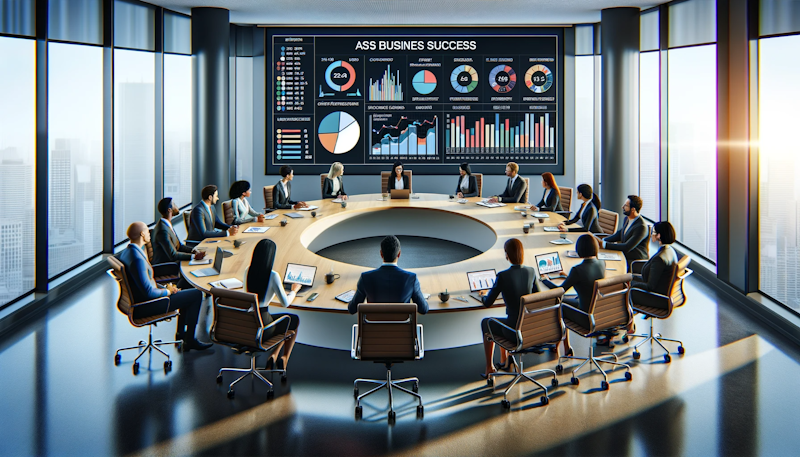 In this image, you can see a modern, well-lit office with a large oval conference table at the center. The table is surrounded by diverse professionals of various descents and genders, actively engaged in a discussion. Their enthusiasm is evident as they focus on the topic at hand. A large digital screen on the wall displays colorful and detailed charts and graphs representing various KPIs, showing trends and metrics. The overall atmosphere is professional and collaborative, symbolizing a thorough analysis and understanding of business performance.
