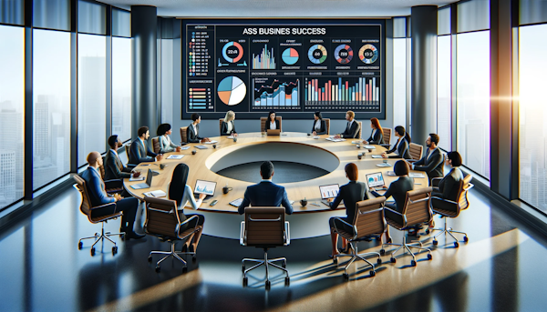 In this image, you can see a modern, well-lit office with a large oval conference table at the center. The table is surrounded by diverse professionals of various descents and genders, actively engaged in a discussion. Their enthusiasm is evident as they focus on the topic at hand. A large digital screen on the wall displays colorful and detailed charts and graphs representing various KPIs, showing trends and metrics. The overall atmosphere is professional and collaborative, symbolizing a thorough analysis and understanding of business performance.