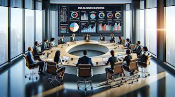 In this image, you can see a modern, well-lit office with a large oval conference table at the center. The table is surrounded by diverse professionals of various descents and genders, actively engaged in a discussion. Their enthusiasm is evident as they focus on the topic at hand. A large digital screen on the wall displays colorful and detailed charts and graphs representing various KPIs, showing trends and metrics. The overall atmosphere is professional and collaborative, symbolizing a thorough analysis and understanding of business performance.
