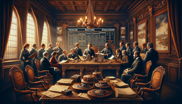 This image captures a corporate scene, reminiscent of a bygone era, focused on vendor rating and evaluation. The setting is an elegantly furnished office, adorned with ornate wooden furniture and rich draperies. Diverse professionals, dressed in period-appropriate attire from various cultures, are seen gathered around a large, intricately carved table. They are examining parchment documents and early mechanical calculators. The walls are decorated with framed charts and maps, showcasing vendor routes and performance metrics. The entire scene is bathed in warm, ambient candlelight, infusing a historical and artistic charm into the depiction of a concept typically associated with modern business practices.