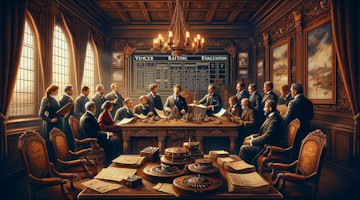 This image captures a corporate scene, reminiscent of a bygone era, focused on vendor rating and evaluation. The setting is an elegantly furnished office, adorned with ornate wooden furniture and rich draperies. Diverse professionals, dressed in period-appropriate attire from various cultures, are seen gathered around a large, intricately carved table. They are examining parchment documents and early mechanical calculators. The walls are decorated with framed charts and maps, showcasing vendor routes and performance metrics. The entire scene is bathed in warm, ambient candlelight, infusing a historical and artistic charm into the depiction of a concept typically associated with modern business practices.