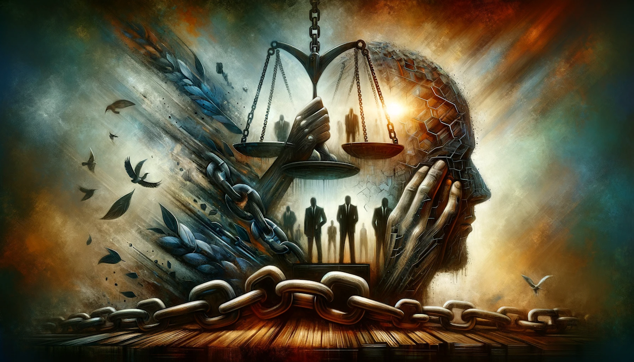 The image created is an artistic representation of the theme "Workplace Harassment: Effects, Legal Issues and Prevention Strategies." It captures the serious nature of the subject through a blend of symbolic elements and colors. The abstract and thought-provoking artwork does not depict any identifiable individuals or specific workplaces, maintaining originality and a broad perspective on the issue.