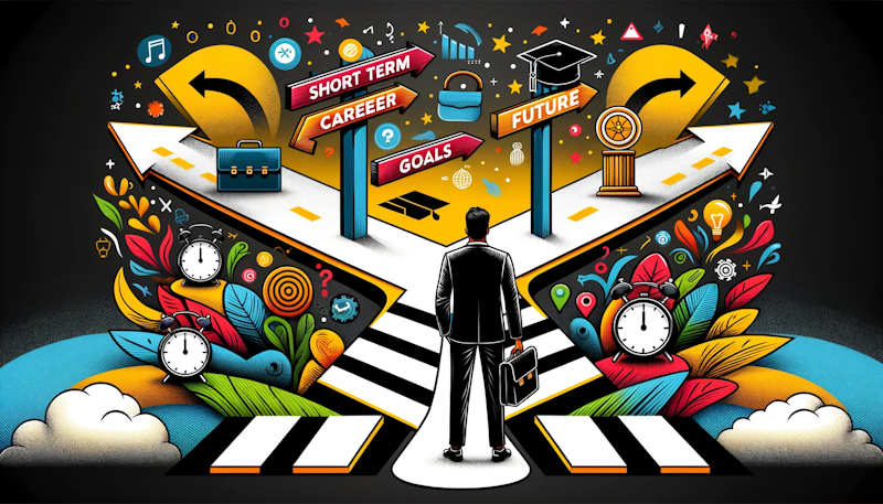 Canlı sarı, siyah ve beyaz arka plan üzerinde eğitim (mezuniyet kepi), mesleki gelişim (evrak çantası), zaman yönetimi (saat) ve başarı (kupa) sembolleriyle işaretlenmiş yollarla kariyer kavşağındaki bir bireyi tasvir eden renkli ve metaforik illüstrasyon, kariyer planlamasında karar verme sürecini görsel olarak temsil ediyor.