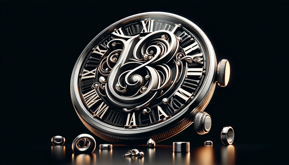 Bir lüks saat markası için kullanılan zarif bir font, ürünün kalitesini ve zarafetini vurguluyor.