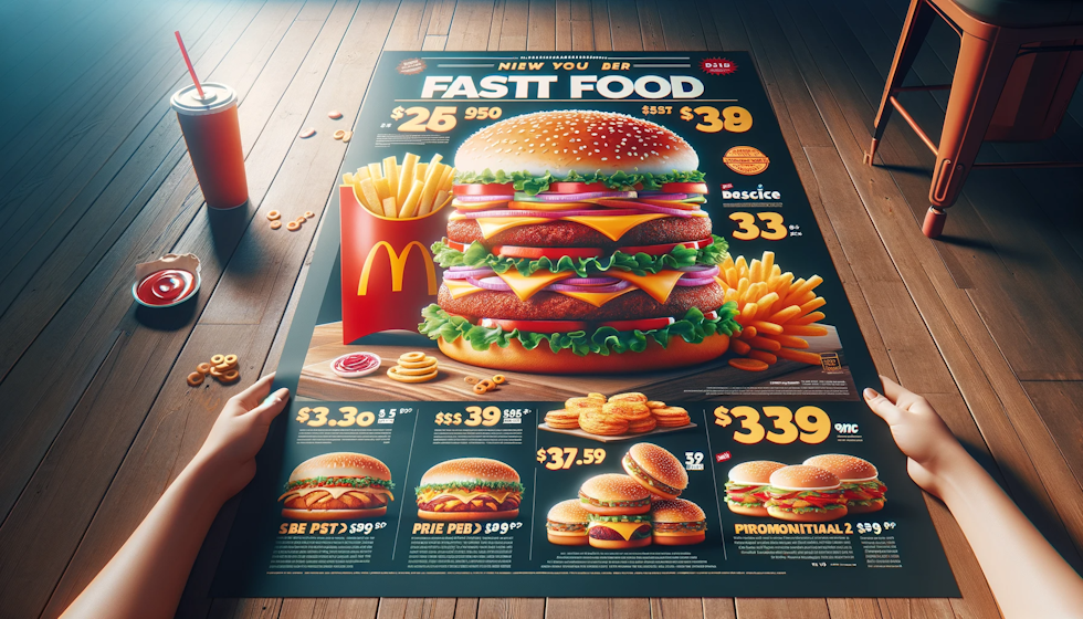 Bir fast food reklamında, ürün görseli genellikle büyük ve merkezi bir konumda yer alırken, fiyat ve kampanya bilgileri daha küçük bir fontla görünür.