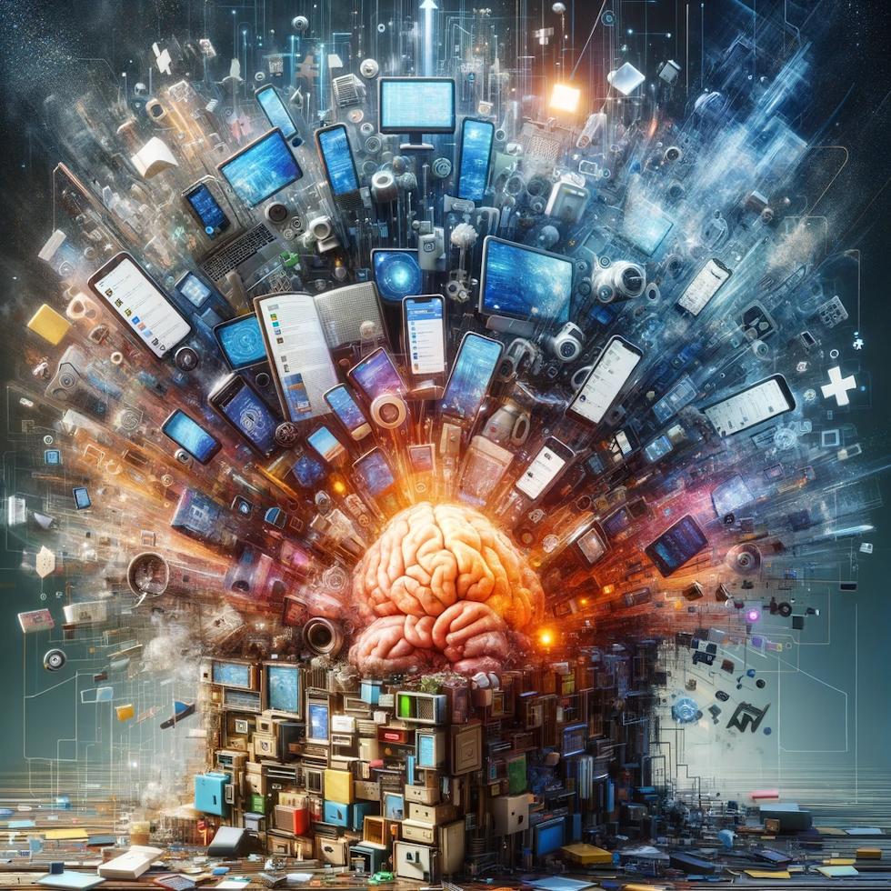 Here is an abstract representation of the effects of stress and information overload on mental health in the digital age. The image depicts a cluttered and overstuffed closet, symbolizing a mind overwhelmed with information. Inside the closet, various digital devices such as smartphones, laptops, and screens are chaotically stored, overflowing with data and notifications. This visual metaphor captures the chaos and clutter that impede clear thinking, illustrating how a cluttered mind struggles with concentration, productivity, and heightened stress in our digitally saturated era.