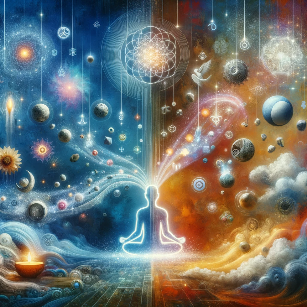 This image artistically interprets the role of mindfulness in reducing mental clutter. It symbolizes the transformation from a cluttered and chaotic mind to one characterized by clarity and peace. The depiction includes a serene, meditative environment where an individual is engaged in a mindful practice. The elements of softly glowing lights, gentle colors, and clear, open spaces illustrate the process of categorizing and acknowledging each thought. Overall, the atmosphere evokes tranquility and the therapeutic effect of mindfulness in restoring calm and decluttering the mind.