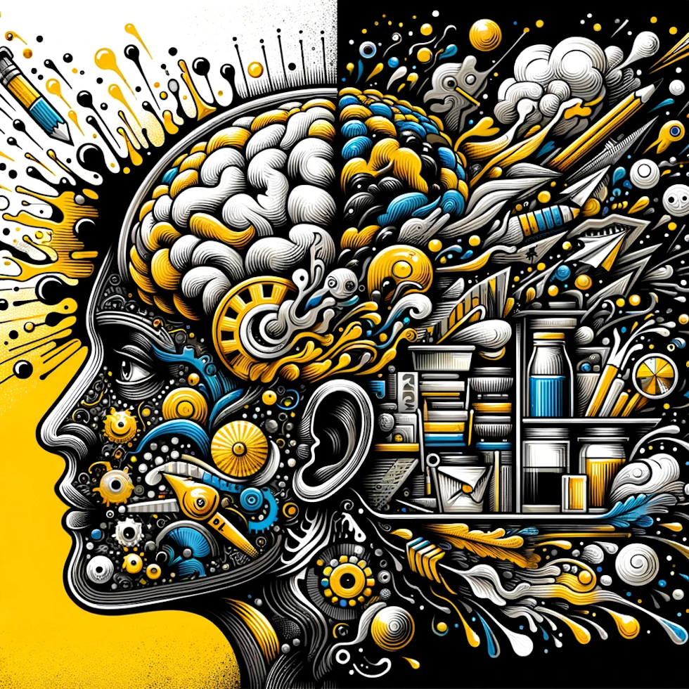 This illustration vividly and humorously captures the concept of Mind Sweep. It employs a palette of yellow, black, and white, with additional contrasting colors, and is rich in detail. The image abstractly yet understandably represents the Mind Sweep process, showing a transition from a brain overflowing with chaotic ideas to a neatly organized, compartmentalized state. The whimsical and exaggerated elements of the design encourage a deeper reflection on the subject, making it engaging and thought-provoking.