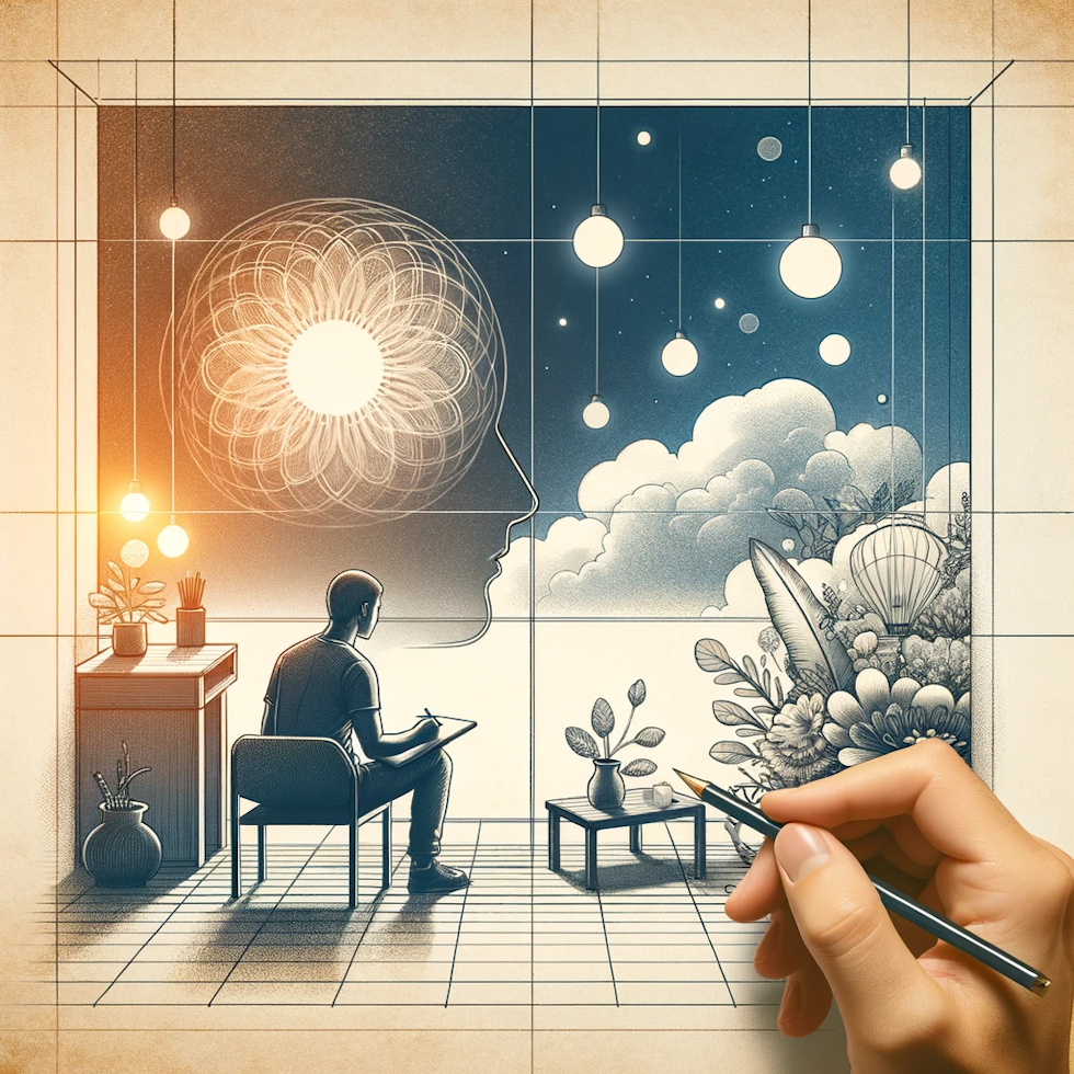 The illustration vividly captures the preparation and mindset necessary for a successful Mind Sweep. It focuses on a serene and distraction-free environment, ideal for this mental exercise. The image depicts a setting that is calm and conducive to focus, like a minimalist room or a peaceful outdoor scene. Within this tranquil environment, a person is shown in a state of relaxed concentration, embodying a non-judgmental attitude towards their thoughts. Subtle visual cues such as gentle lighting, a clear workspace, and elements of nature surround the individual, symbolizing the calm and clarity needed for a thorough mental inventory. The overall design conveys a sense of tranquility and readiness, emphasizing the importance of the right mindset and environment for effective thought organization.