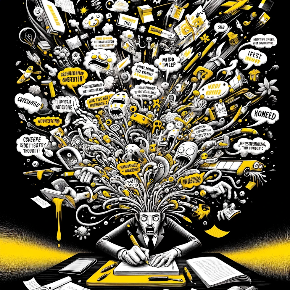 This illustration humorously captures the process of conducting a Mind Sweep. It uses a color palette of yellow, black, white, and other contrasting colors to depict a character humorously overwhelmed with thoughts, ideas, and tasks. The character is shown in an exaggerated and whimsical style, writing down these thoughts using a notepad or digital tool. Surrounding the character is a flurry of abstractly represented floating ideas and tasks, highlighting the chaotic yet amusing nature of unloading the mind onto paper or a digital medium. The image is rich in detail, conveying the essence of performing a Mind Sweep by externalizing every thought without initial organization, making the process visually compelling and entertaining.