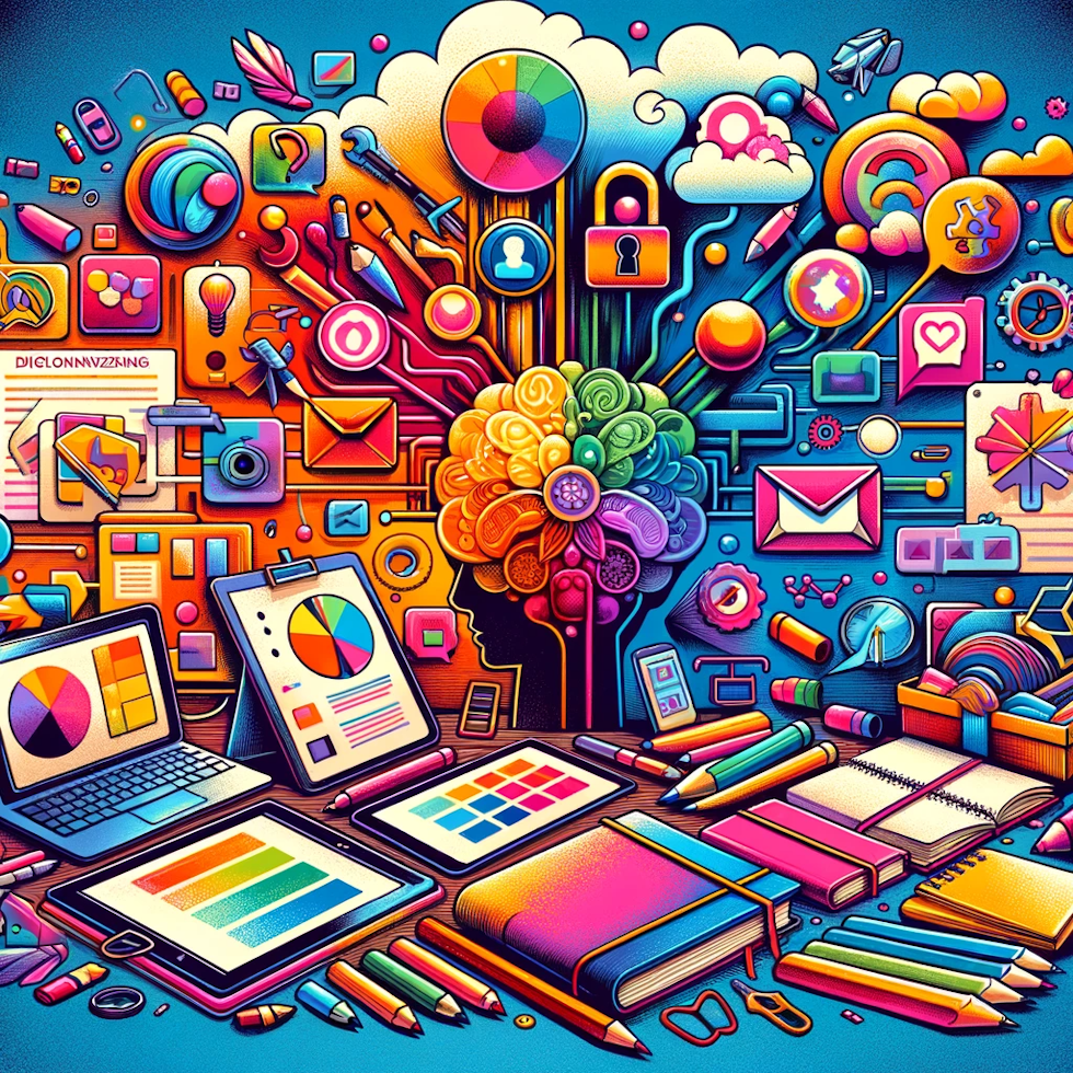 The illustration vividly showcases various tools and aids that enhance the Mind Sweep process. It features a range of tools such as digital organizing applications and designated notebooks, all actively used for transferring and organizing thoughts. The image includes elements like a tablet or smartphone displaying a digital organizing app, alongside a colorful array of notebooks, each designated for different categories of thoughts. The use of bright, engaging colors depicts the color-coding system employed during the organization stages. This vibrant depiction conveys the efficiency and clarity these tools bring to the Mind Sweep process, emphasizing how they aid in the visual compartmentalization of different kinds of thoughts.