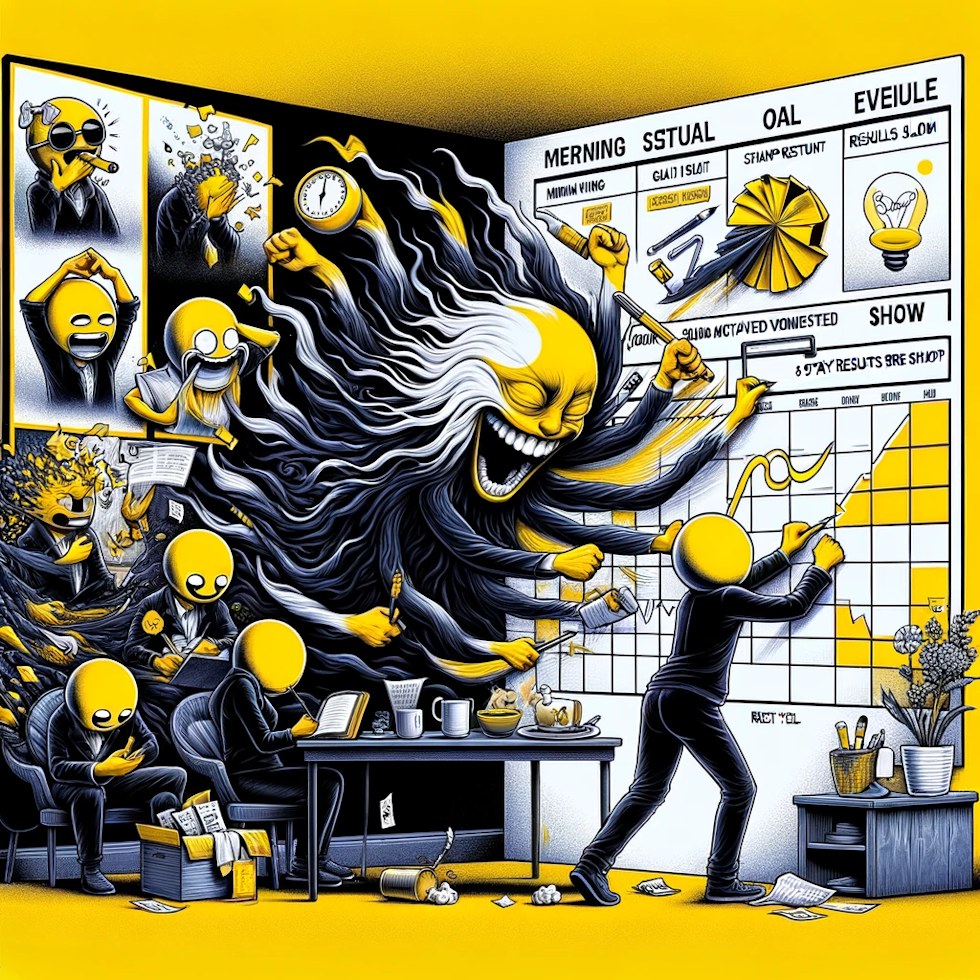This illustration humorously depicts the integration of Mind Sweep into a daily routine and the challenge of staying motivated when results are slow. Using a color palette of yellow, black, white, and other contrasting colors, the image shows a character humorously struggling and then succeeding in incorporating Mind Sweep into their life. The scene includes elements of a morning ritual and an evening routine, as well as small motivational tools like goal lists or journals. The character is depicted in an exaggerated style, celebrating small victories or humorously checking off tasks. The detailed design helps viewers grasp the concepts of regular scheduling and staying motivated in Mind Sweep practice, presenting the technique in a visually engaging and amusing way.