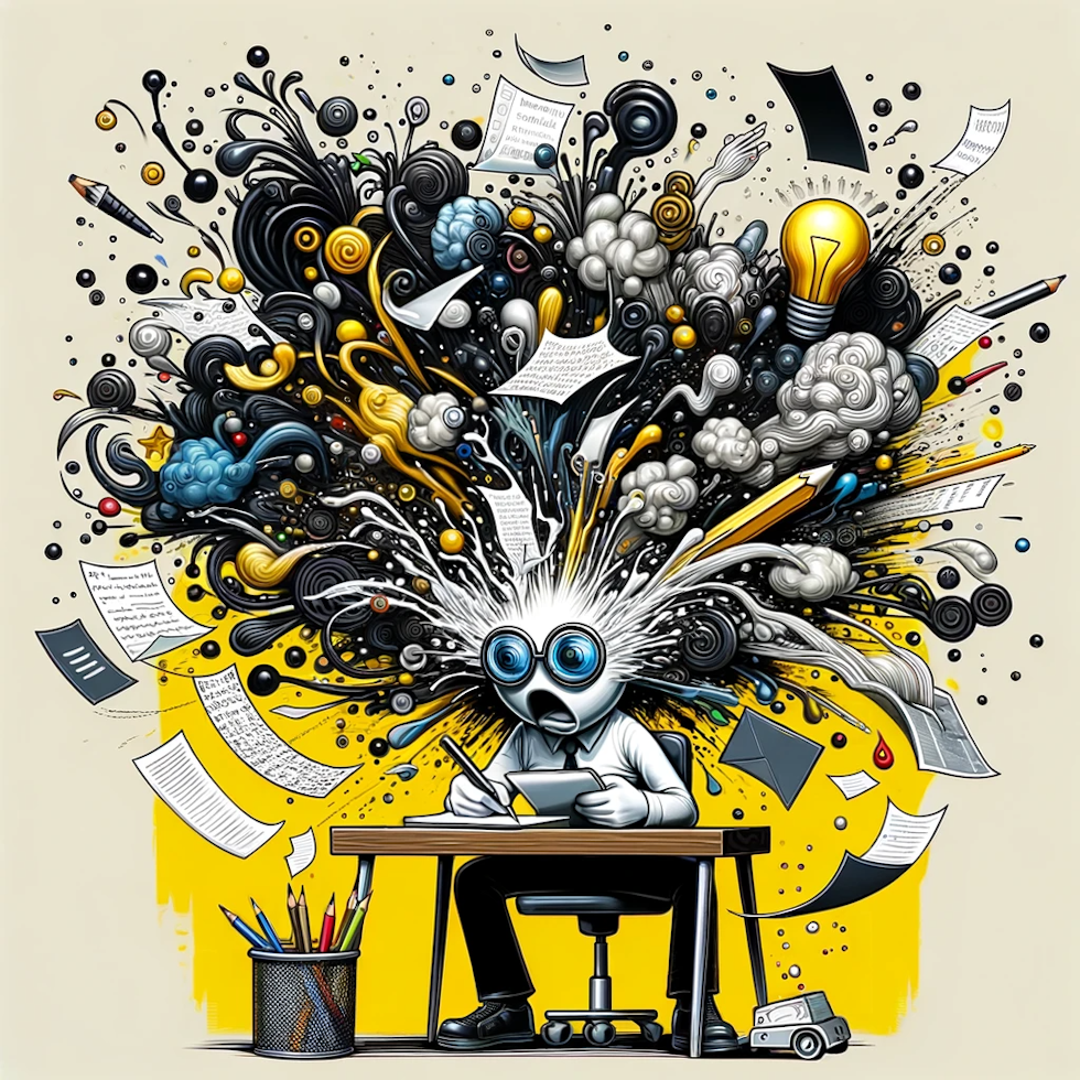 This illustration humorously and meaningfully depicts the concept of Mind Sweep, focusing on clarifying mental clutter. The character in the image is humorously overwhelmed with thoughts and ideas, engaging in the Mind Sweep process. This process is represented by the character capturing thoughts using a writing tool or digital platform, surrounded by a flurry of abstractly represented ideas and tasks. The character appears in a state of transformation from chaos to organized action, symbolizing the effectiveness of Mind Sweep. The image, using colors like yellow, black, white, and other contrasting colors, is rich in detail, allowing viewers to grasp the essence of Mind Sweep, capturing its core concept, process, and benefits in a visually compelling, amusing, and insightful way.