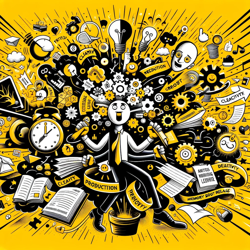 This illustration humorously and strikingly captures the essence of the Mind Sweep process. Using a palette of yellow, black, white, and other contrasting colors, the image depicts a character humorously engaged in the Mind Sweep process. The character is surrounded by symbols representing various aspects of Mind Sweep, such as clarity, focus, stress reduction, productivity, decision-making, creativity, memory enhancement, and emotional release. This is visually represented by a whirl of thoughts and tasks, with elements like papers, clocks, lightbulbs, and emotive faces to symbolize the diverse benefits of Mind Sweep. The design is rich in detail, providing a comprehensive and engaging depiction of the multifaceted advantages of practicing Mind Sweep, all in a visually compelling and amusing manner.