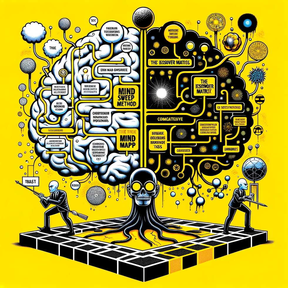 This illustration creatively and humorously depicts the concepts of the Mind Sweep Method, Mind Mapping, and the Eisenhower Matrix. It uses a palette of yellow, black, white, and other contrasting colors to vividly represent these three organizational tools.