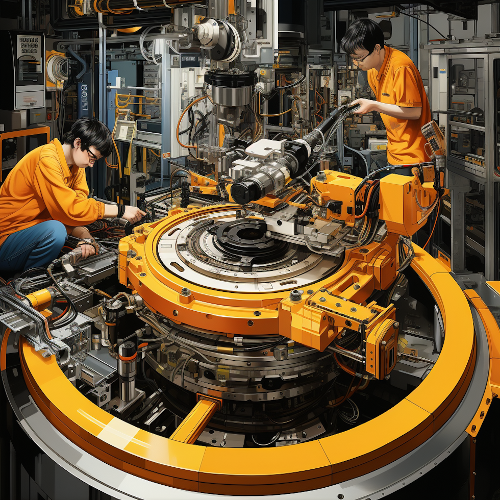 This illustration creatively and humorously represents the concept of Poka-Yoke in both Control and Shutdown types, using a palette of yellow, black, white, and other contrasting colors.  For the Control type Poka-Yoke, the image depicts an exaggerated automotive assembly line scenario. It humorously shows sensor-based systems indicating a missing screw, highlighting the precision and effectiveness of Poka-Yoke in ensuring correct assembly.  In the Shutdown type Poka-Yoke scenario, the illustration whimsically portrays a chemical manufacturing plant. It features temperature sensors and an automatic shutdown mechanism, emphasizing the safety and error-prevention aspects of Poka-Yoke.  The design is rich in details, conveying the essence of Poka-Yoke in a visually compelling and amusing way. This illustration allows viewers to grasp the concept of mistake-proofing in various industries, emphasizing its importance for safety and efficiency.