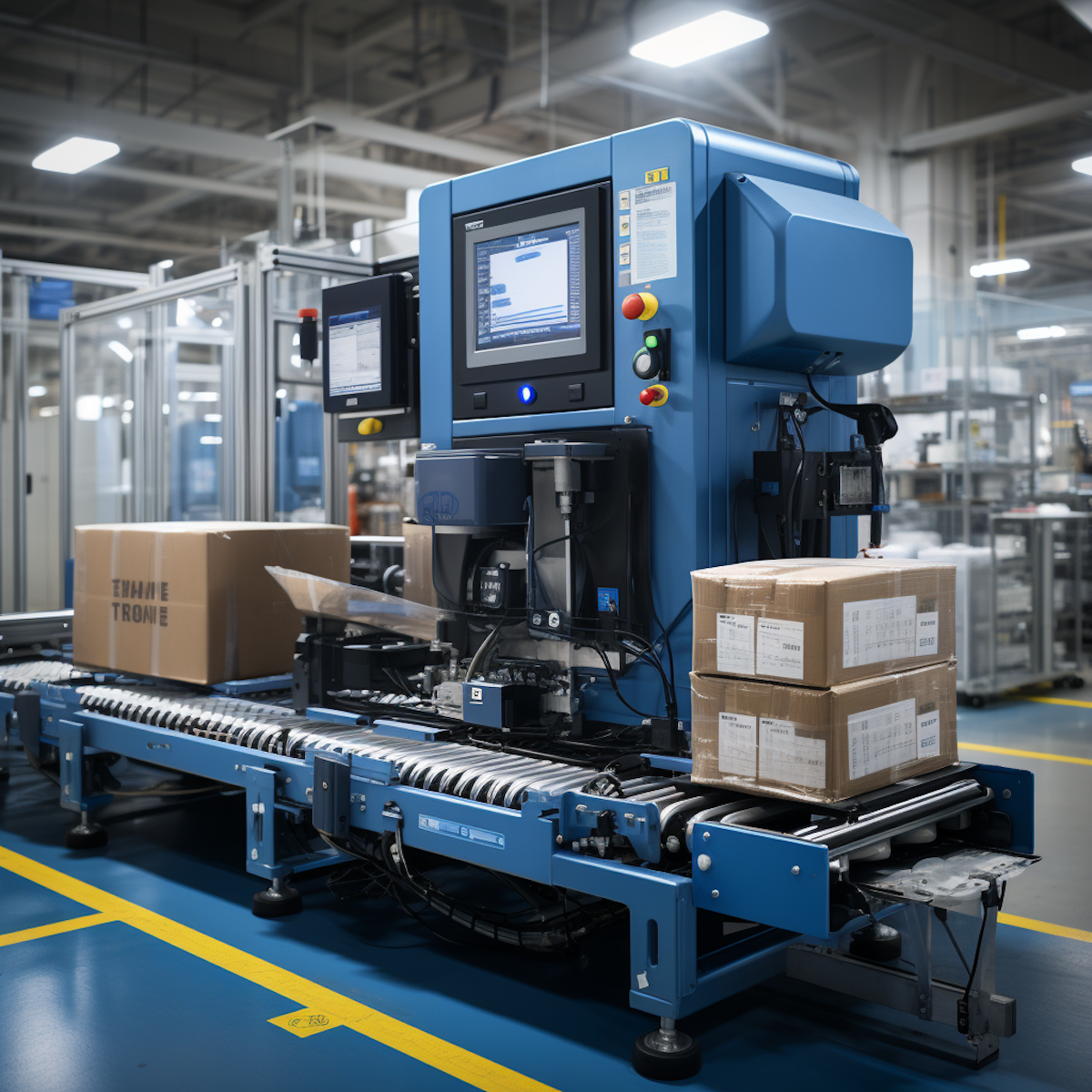 The illustration vividly depicts two scenarios of Poka-Yoke implementation: Control Poka-Yoke in medical device packaging and Shutdown Poka-Yoke in automotive manufacturing. In the Control Poka-Yoke scenario, the image shows a medical device packaging line. It includes a weight check system and a visual confirmation system using high-resolution cameras. The process of weighing packages and image recognition software verifying the items is clearly illustrated. An error notification feature with an audible alarm and a visual cue on a monitor is also depicted. For the Shutdown Poka-Yoke, the illustration portrays an automotive painting booth. It features real-time monitoring sensors, highlighting the automatic shutdown of the painting process if parameters exceed predefined ranges. An alert system signaling to the control room is also depicted. The image visually conveys the effectiveness of Poka-Yoke systems in enhancing accuracy, safety, and efficiency in different industrial settings.